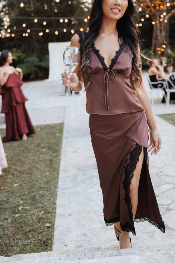 BOTTOMS Theoni Slit Front Lace Trim Skirt - Brown