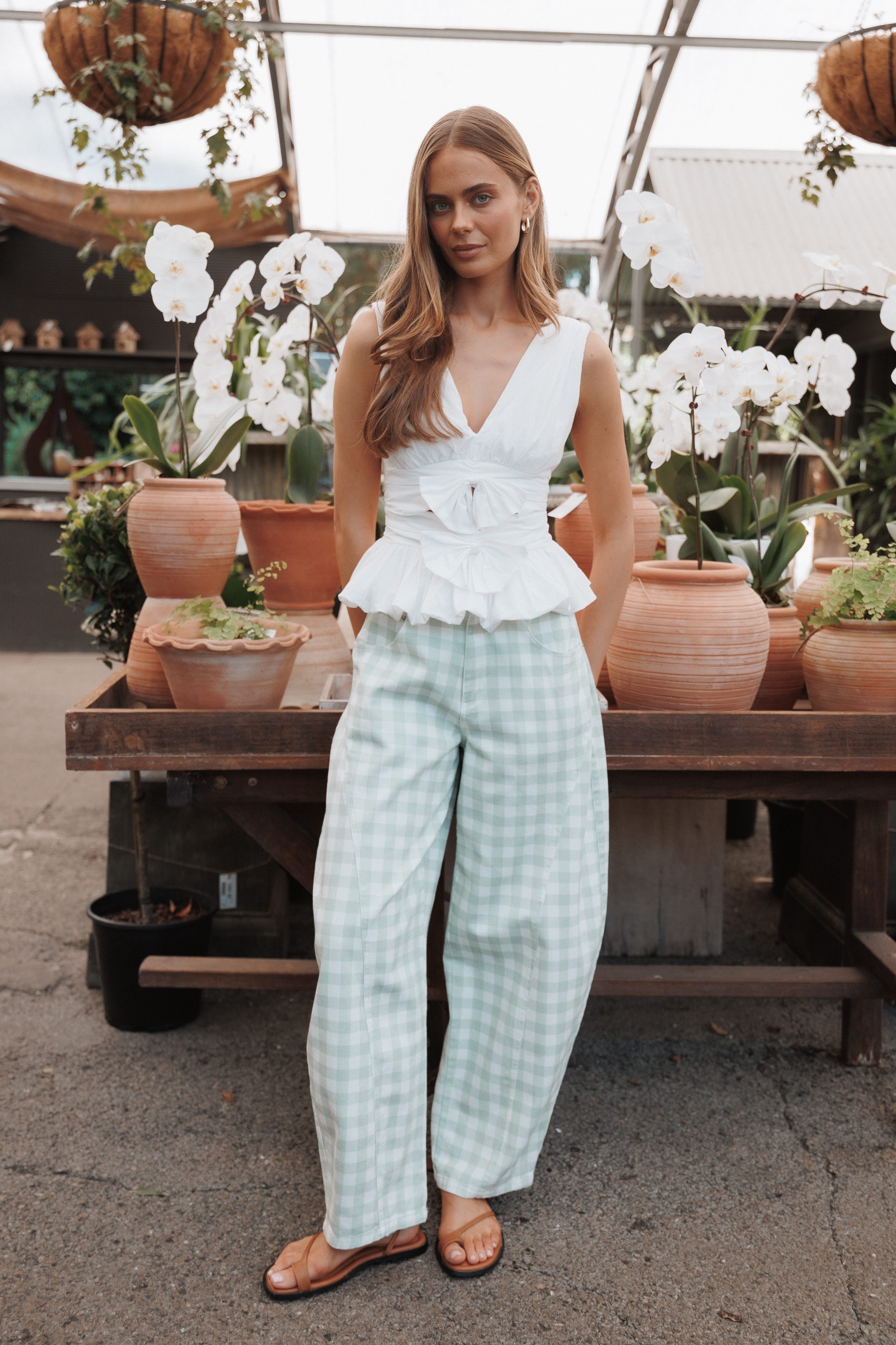 BOTTOMS Tulsi Barrel Leg Jeans - Sage Plaid