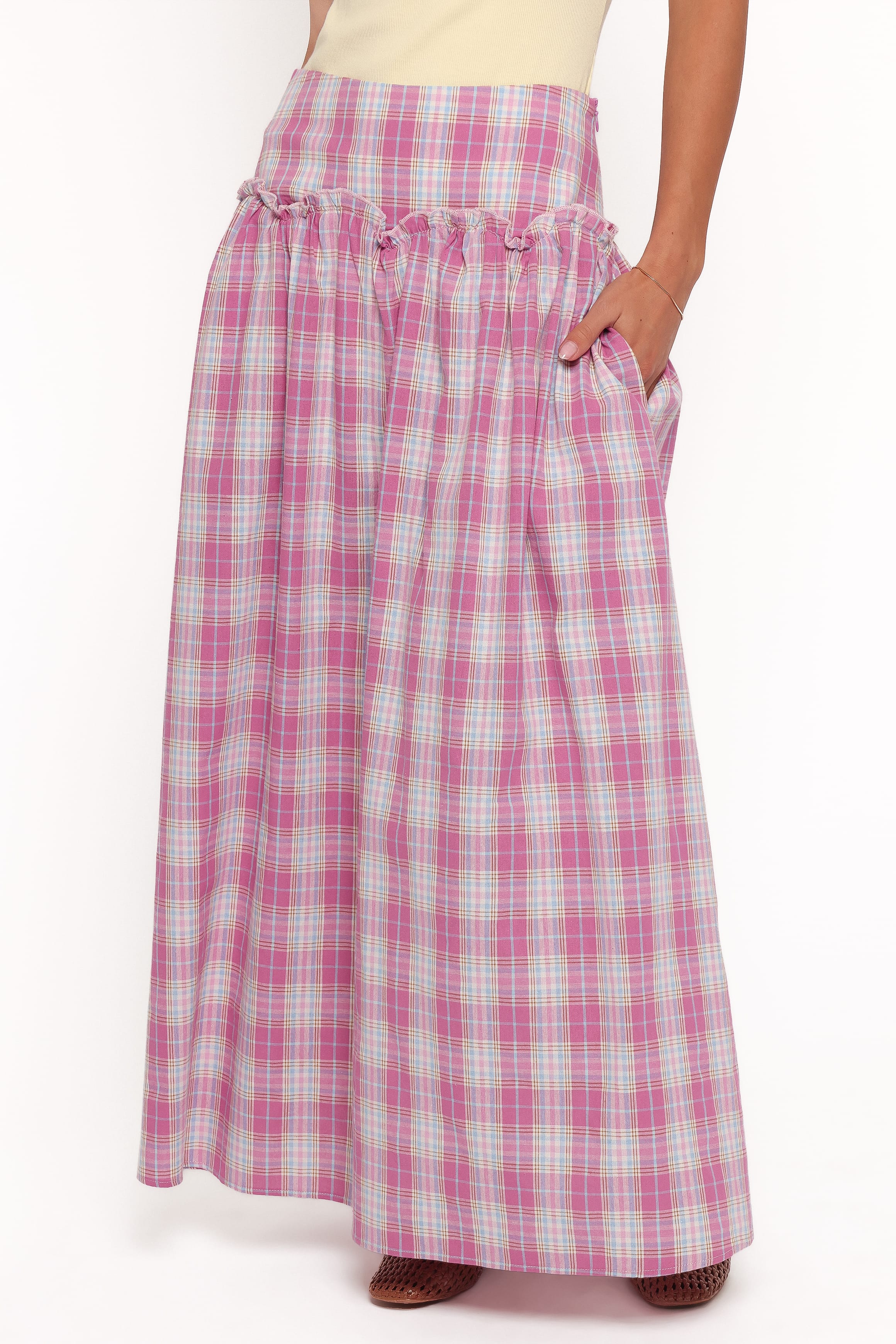 BOTTOMS Tyler Drop Waist Maxi Skirt - Pink Plaid