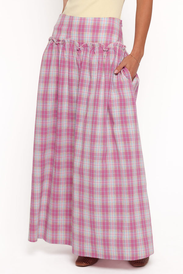 BOTTOMS Tyler Drop Waist Maxi Skirt - Pink Plaid