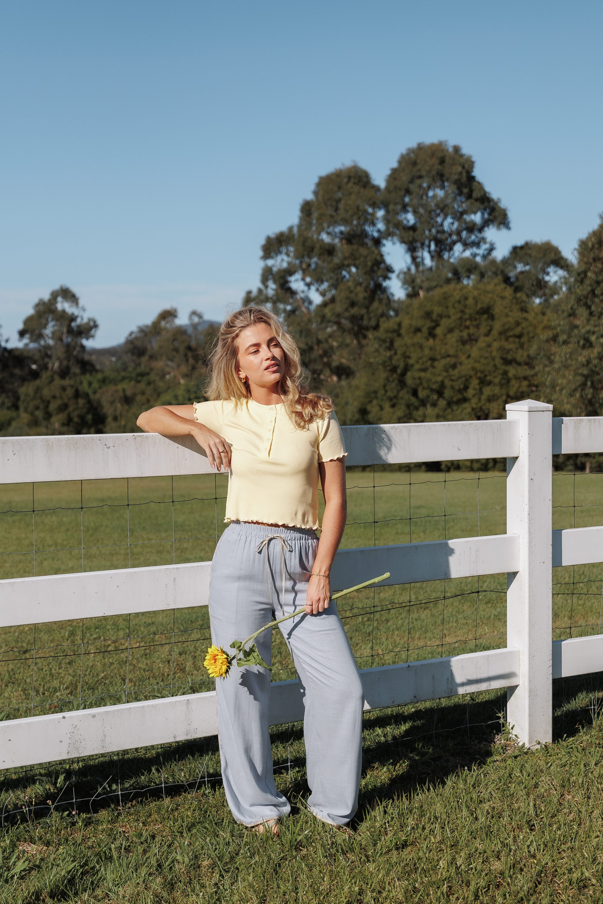 BOTTOMS Venda Contrast Trim Pants - Light Blue Linen