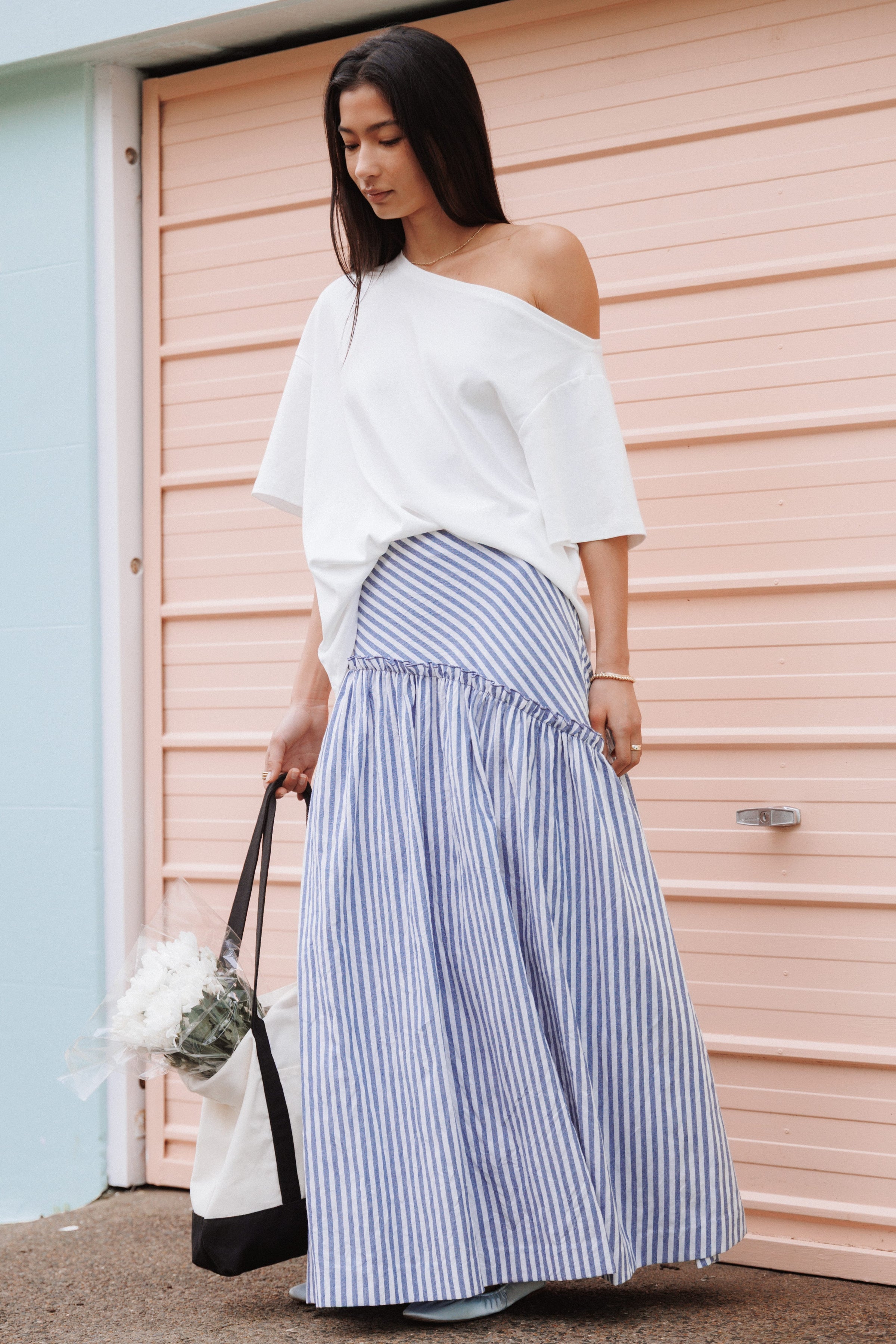 BOTTOMS Vina Basque Frill Maxi Skirt - Blue/White Stripe
