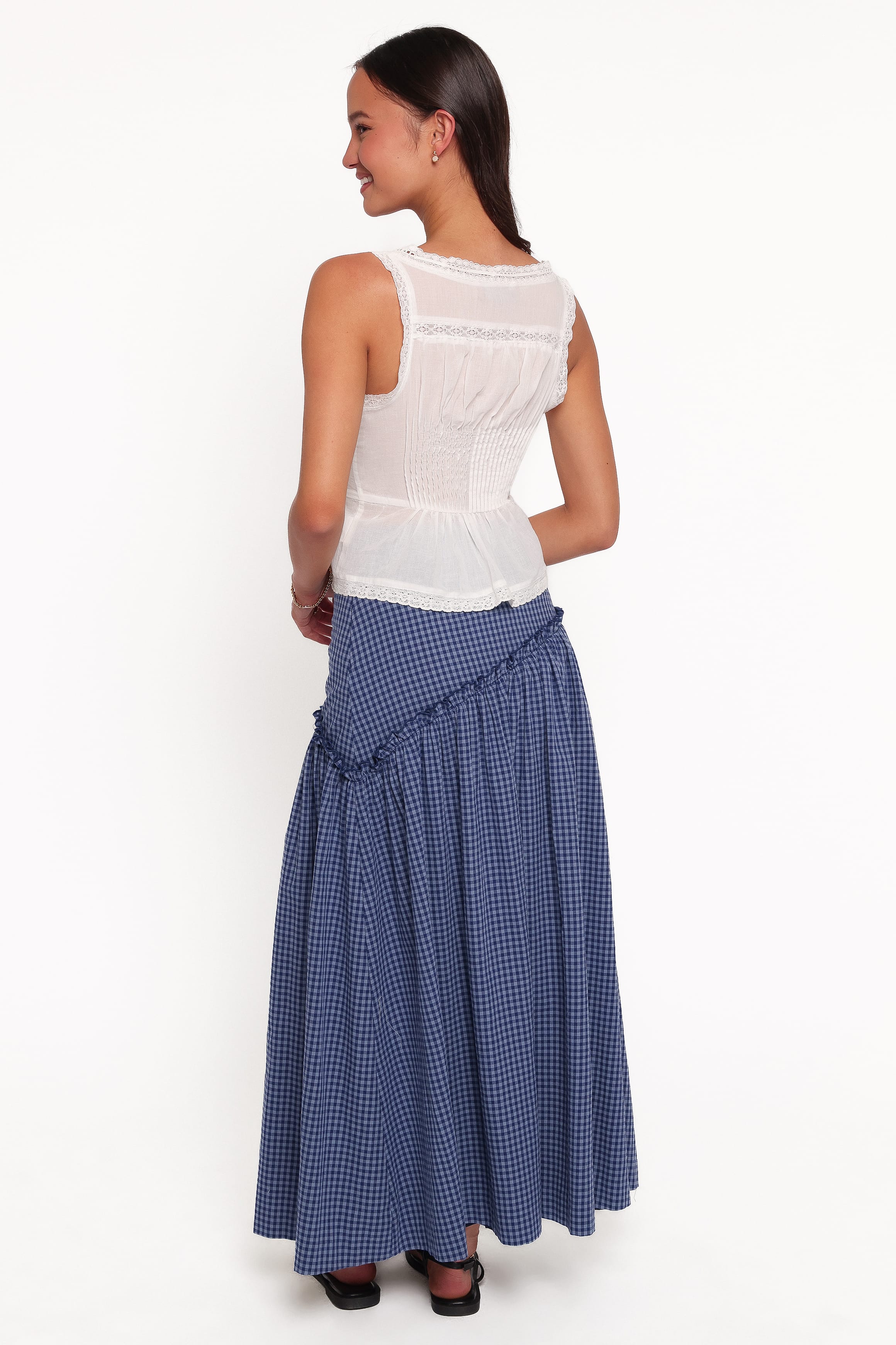 BOTTOMS Vina Basque Frill Maxi Skirt - Navy Gingham