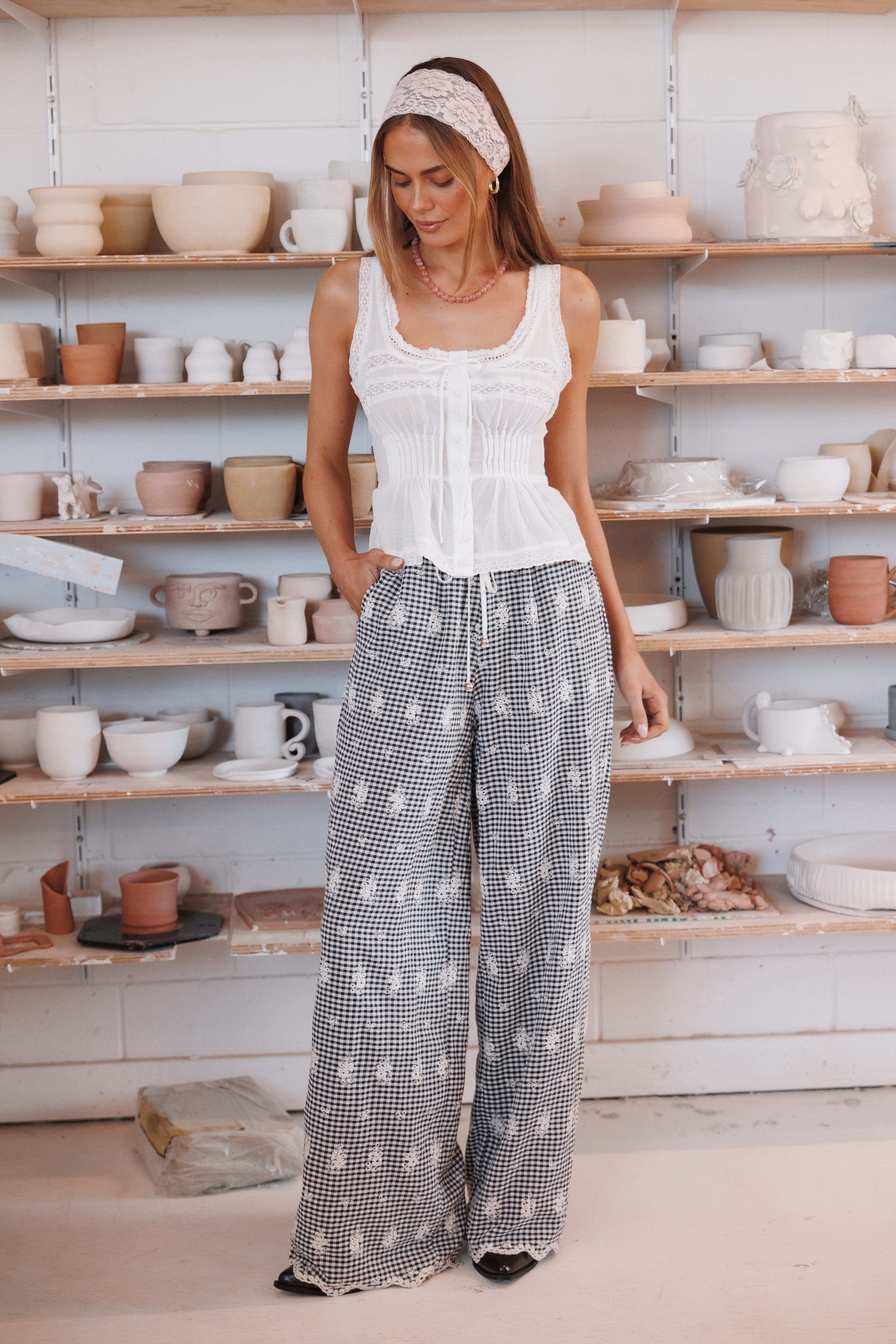BOTTOMS Wren Pant - Black Gingham Broderie