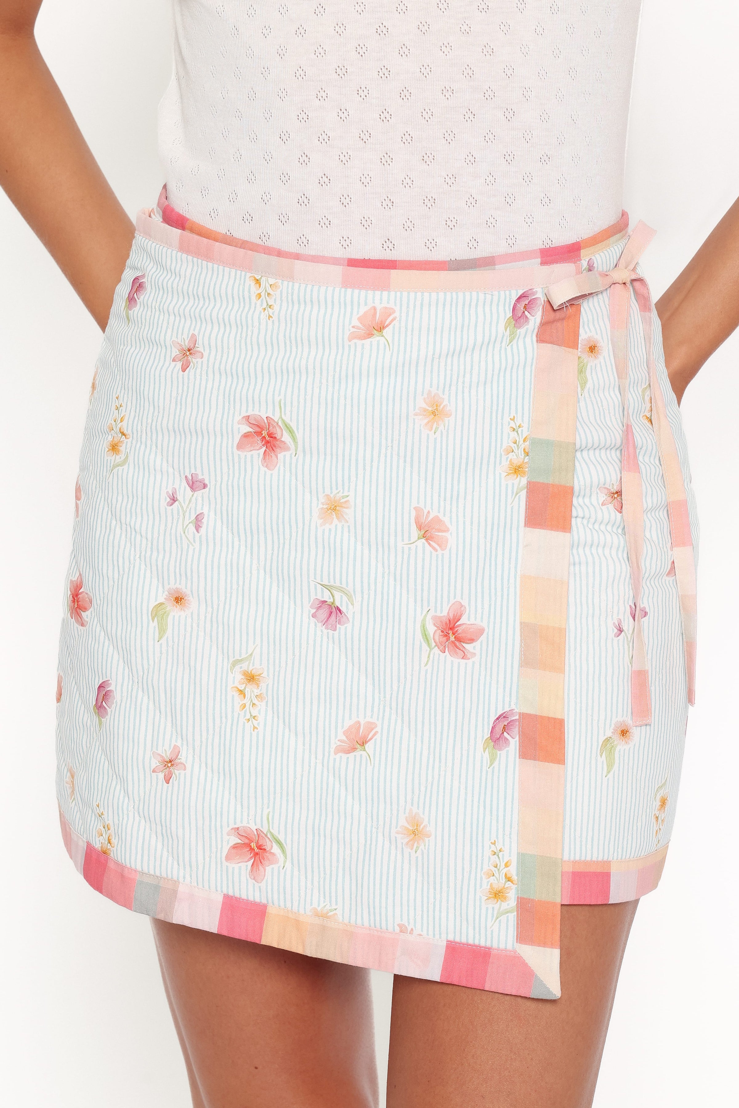BOTTOMS Yana Faux Wrap Quilted Mini Skirt - Blue Garden Stripe