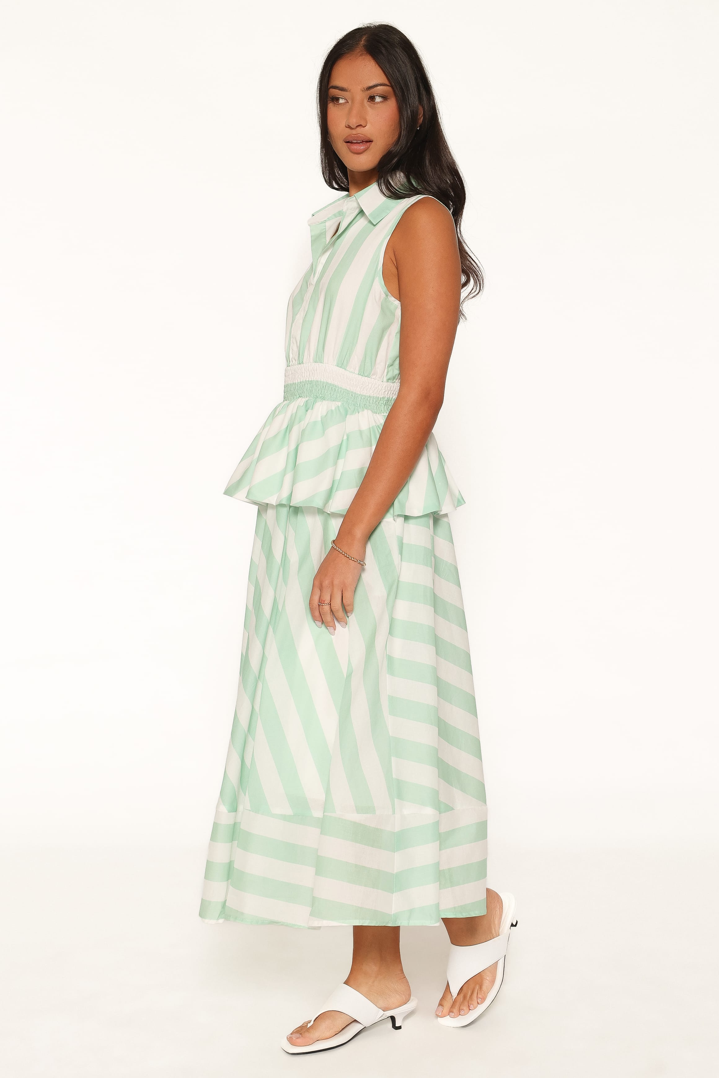 DRESSES Alayna Peplum Midi Dress - Green/White Stripe