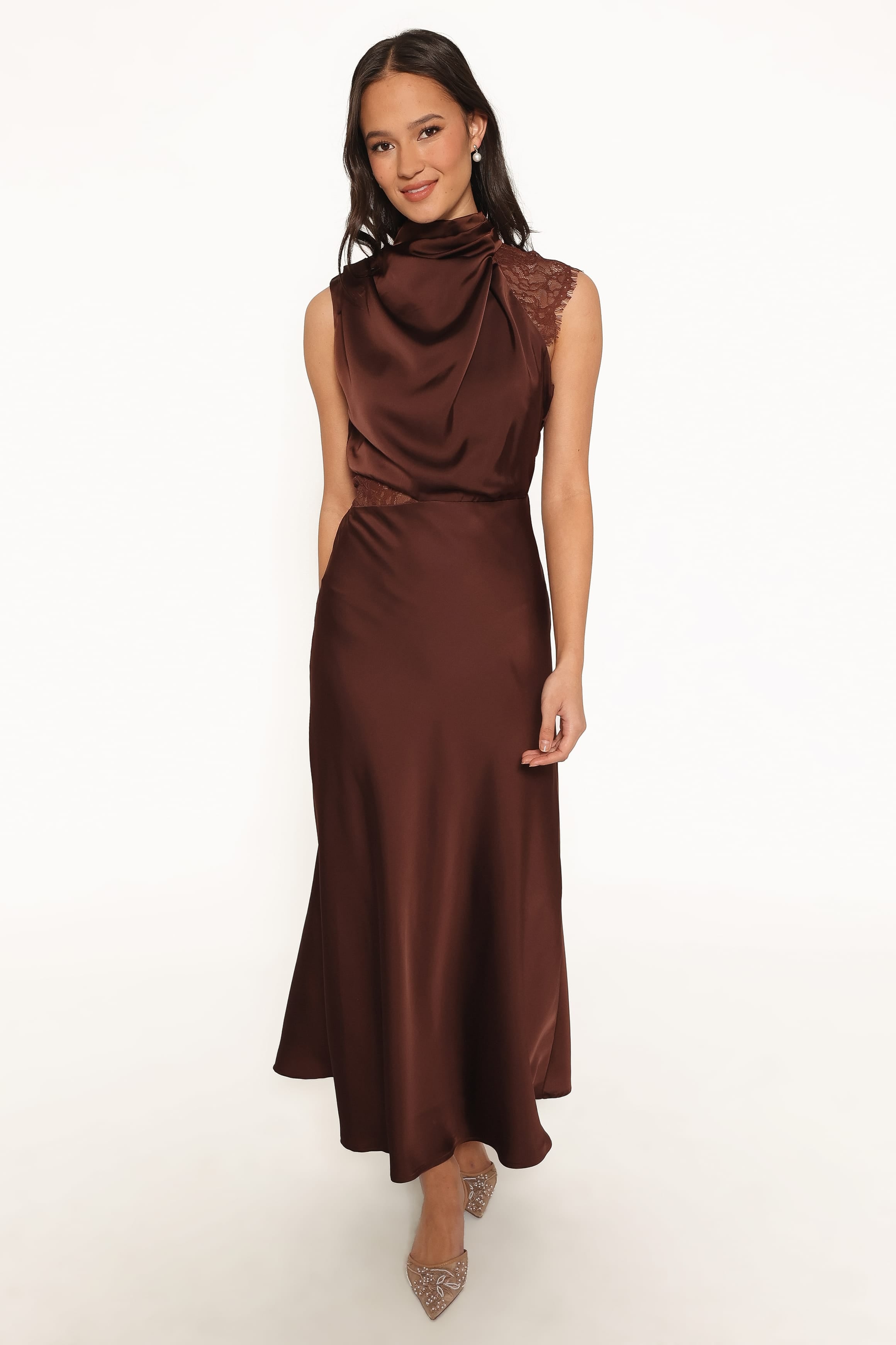 DRESSES Anabelle Halter Neck Lace Maxi Dress - Chocolate Brown