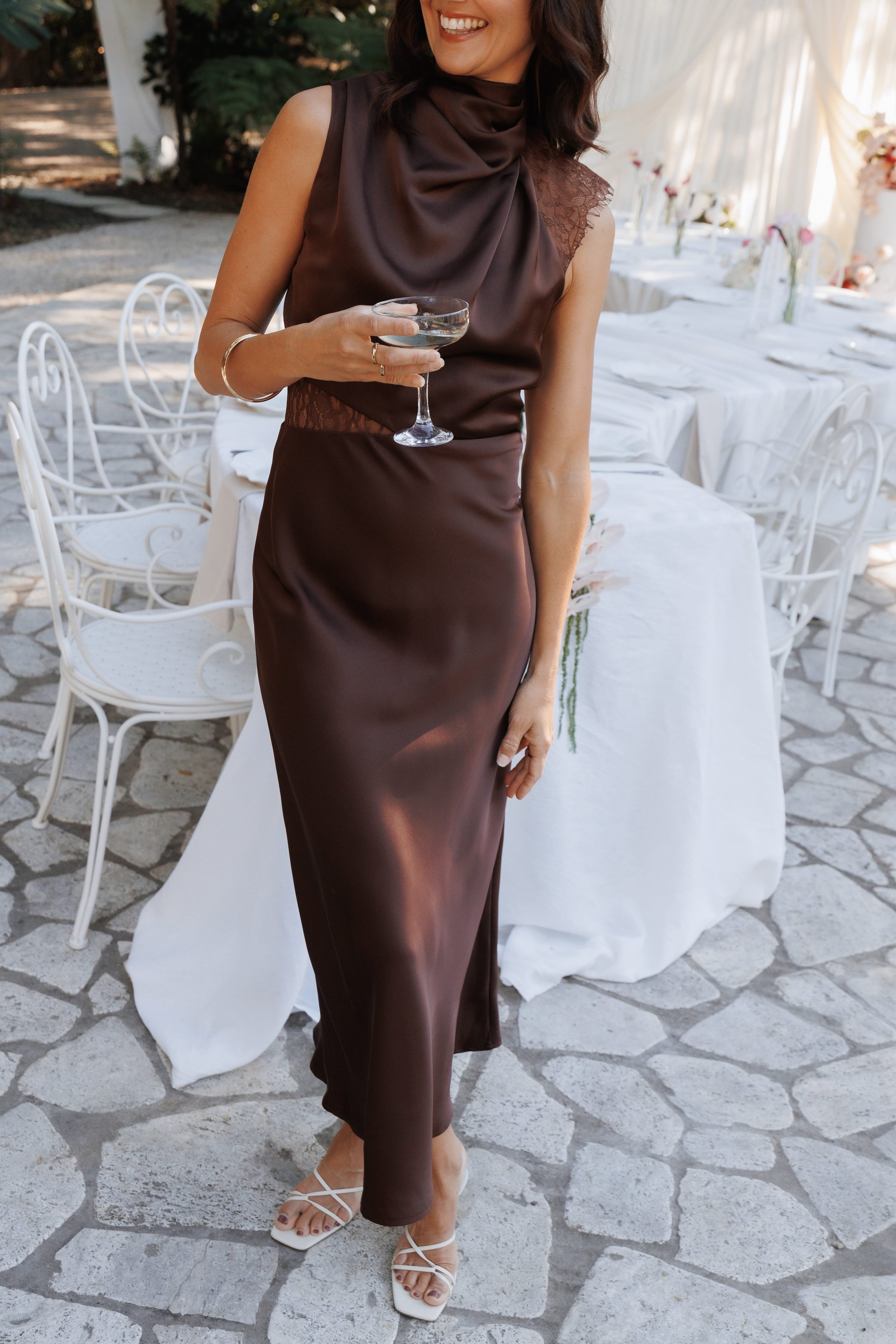 DRESSES Anabelle Halter Neck Lace Maxi Dress - Chocolate Brown