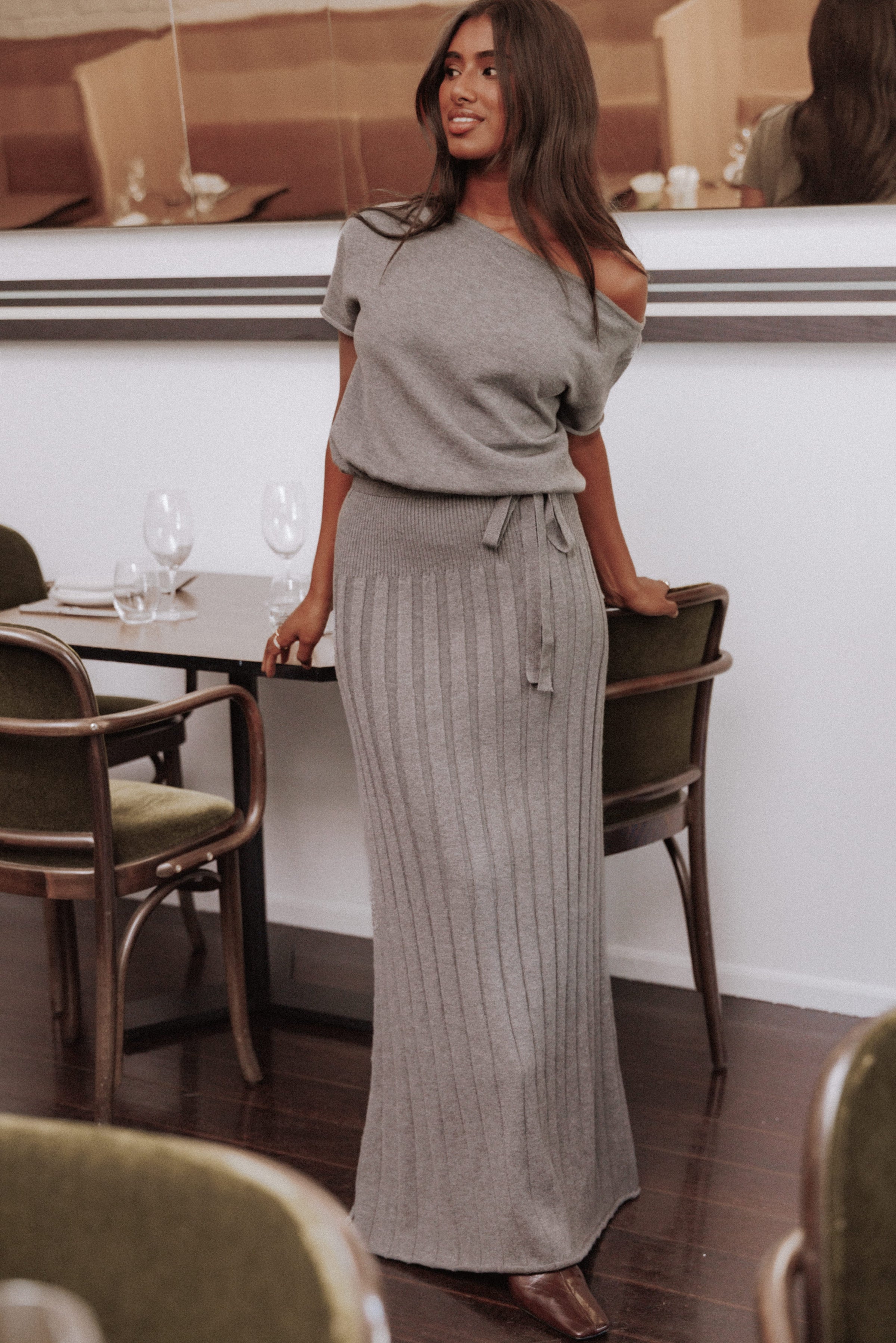 DRESSES Arnie Off Shoulder Midi Dress - Charcoal Grey