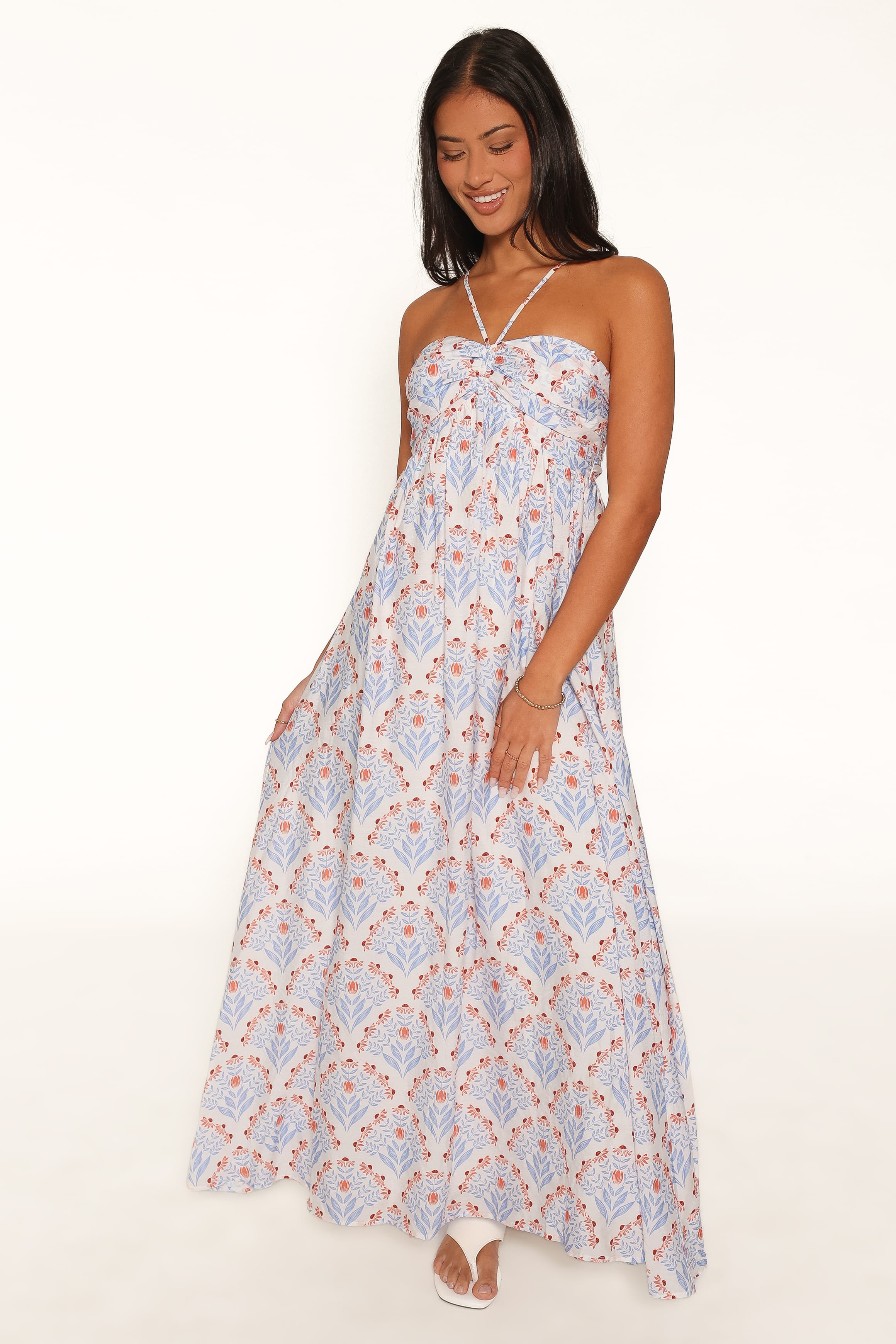DRESSES Cascade Halterneck Maxi Dress - White Blue