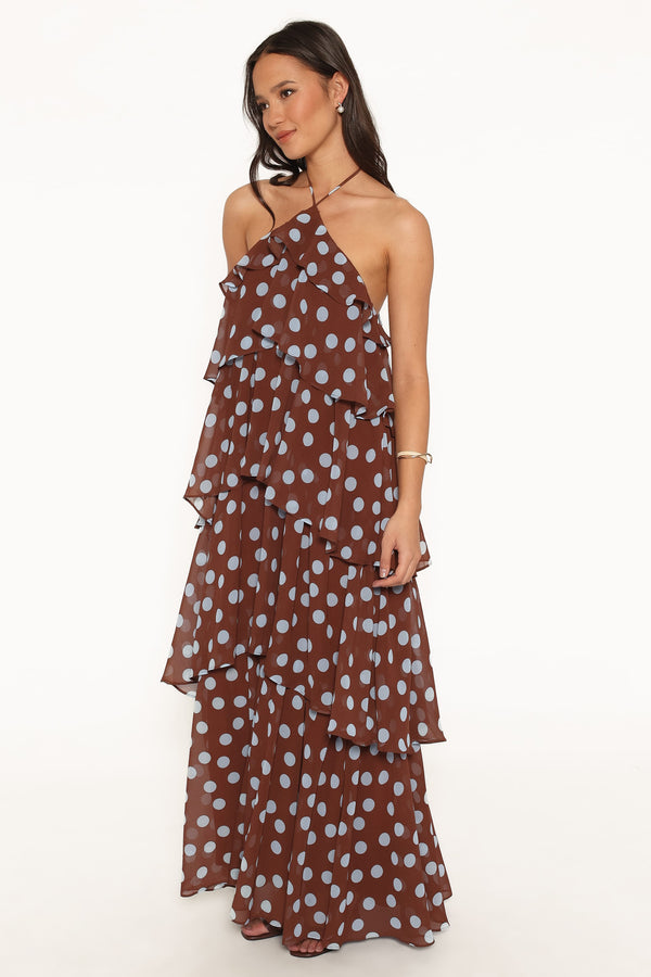 DRESSES Chasity Halterneck Maxi Dress - Brown Polka Dot