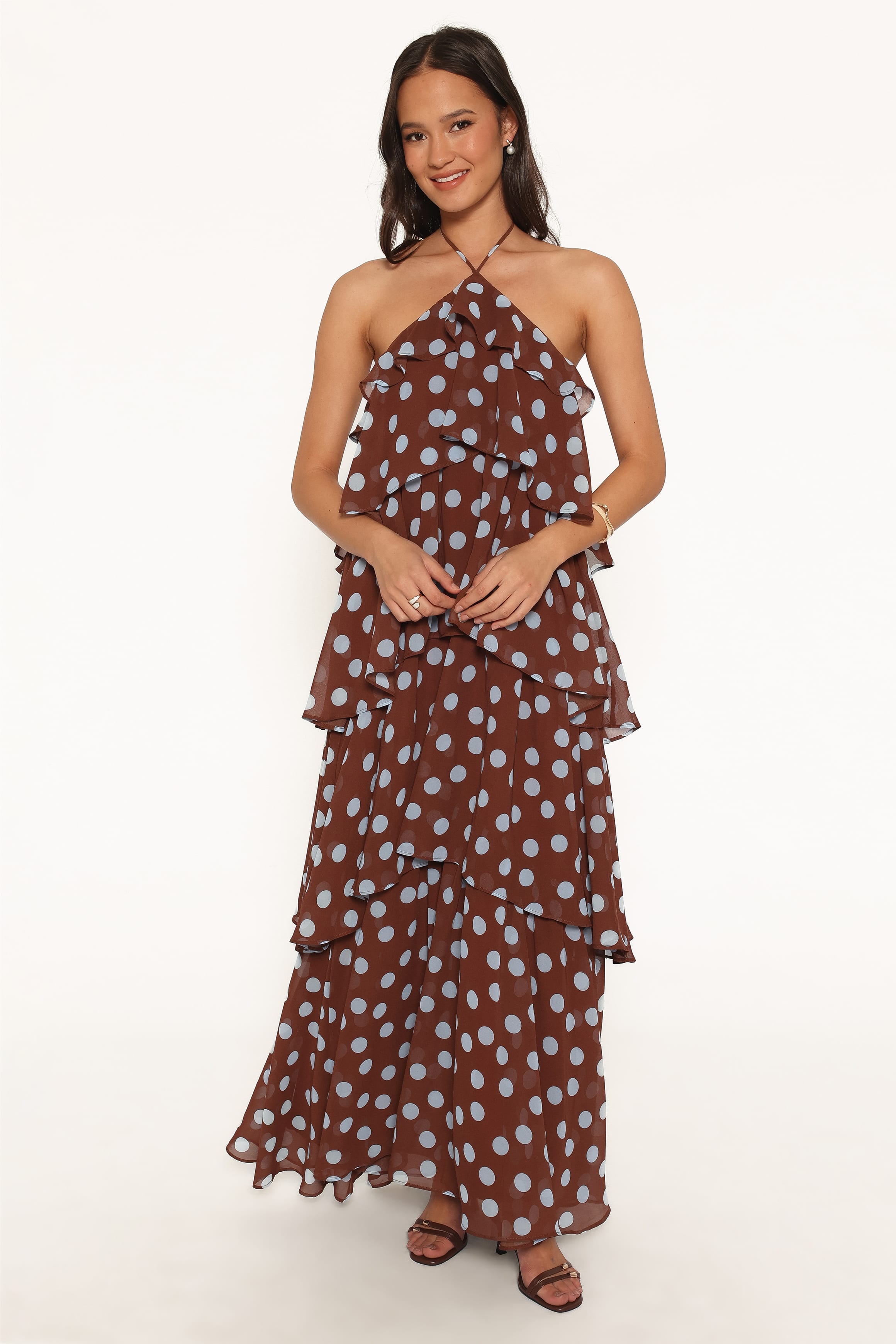 DRESSES Chasity Halterneck Maxi Dress - Brown Polka Dot
