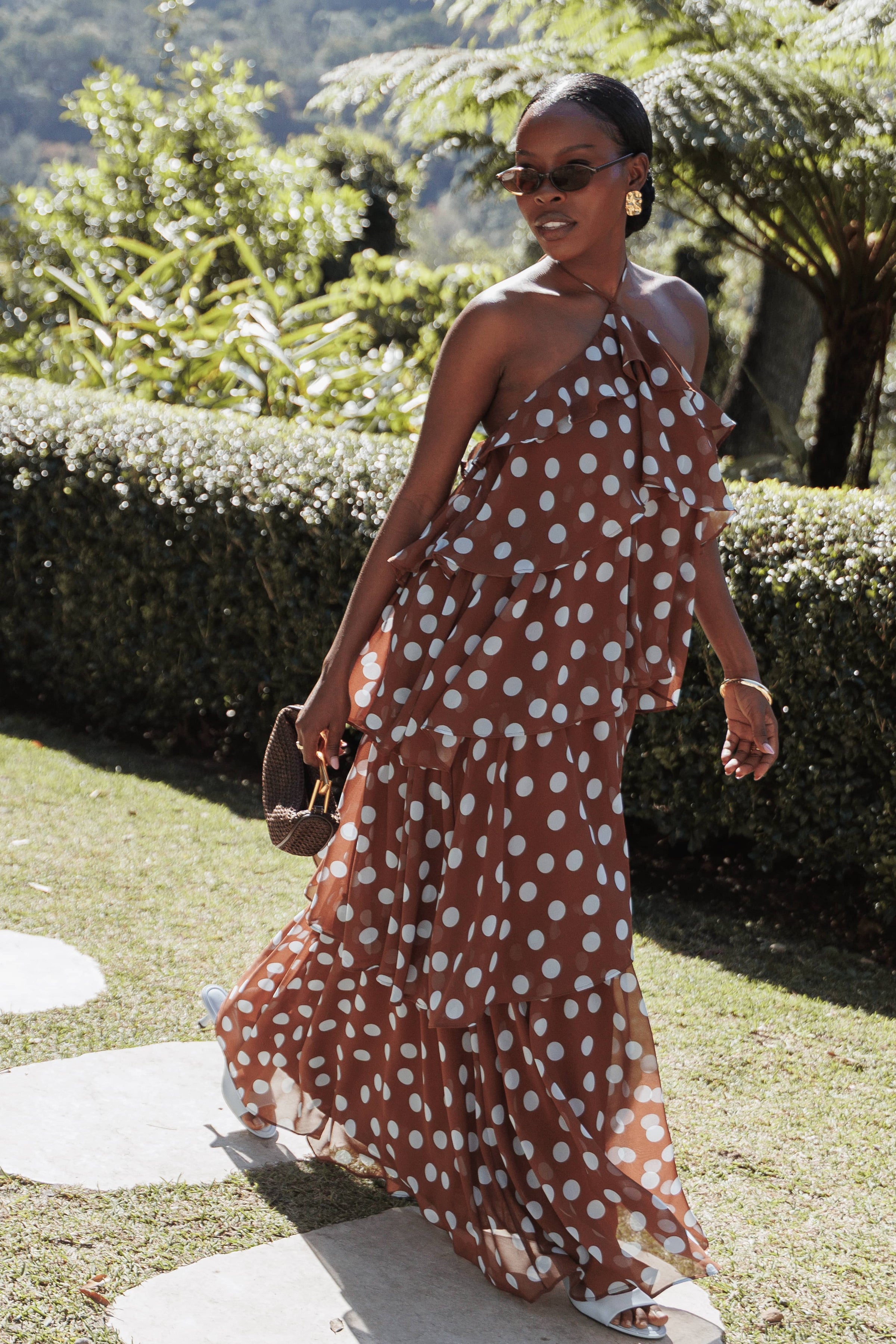 DRESSES Chasity Halterneck Maxi Dress - Brown Polka Dot