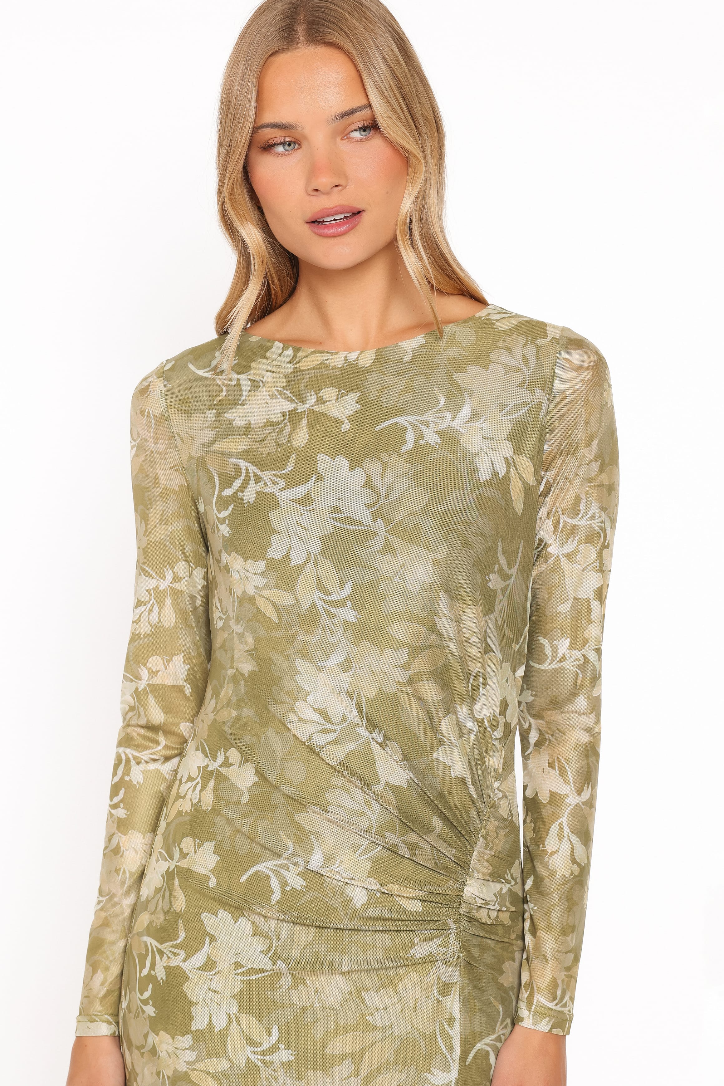 DRESSES Chelsea Ruched Mesh Maxi Dress - Green Floral