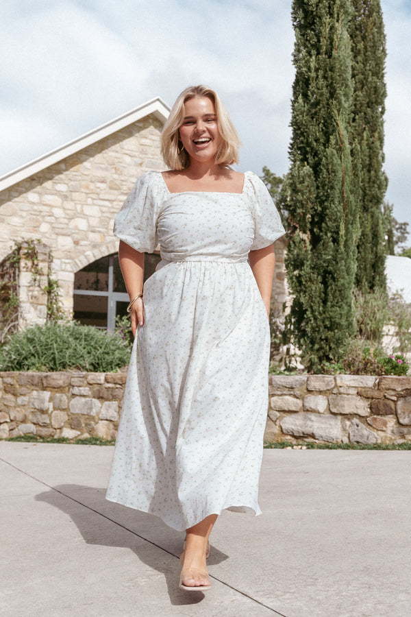 Clo Puff Sleeve Midi Dress - Blue Stripe