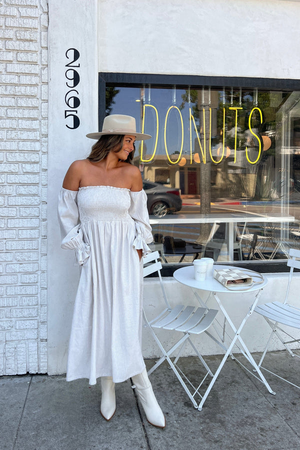 DRESSES Domenica Shirred Long Sleeve Midi Dress - Beige Stripe