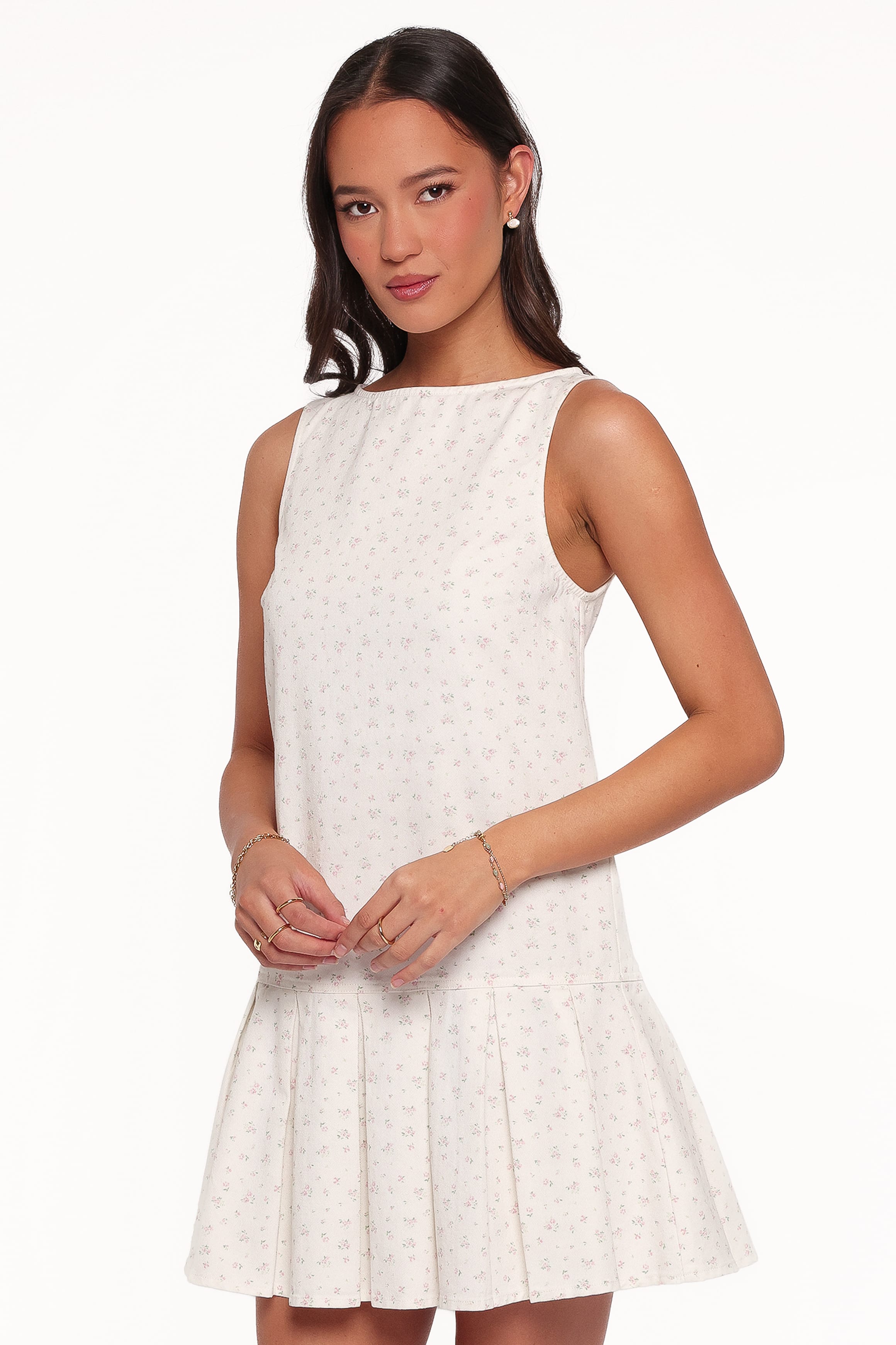 DRESSES Elarina Pleated Mini Dress - White Ditsy Floral