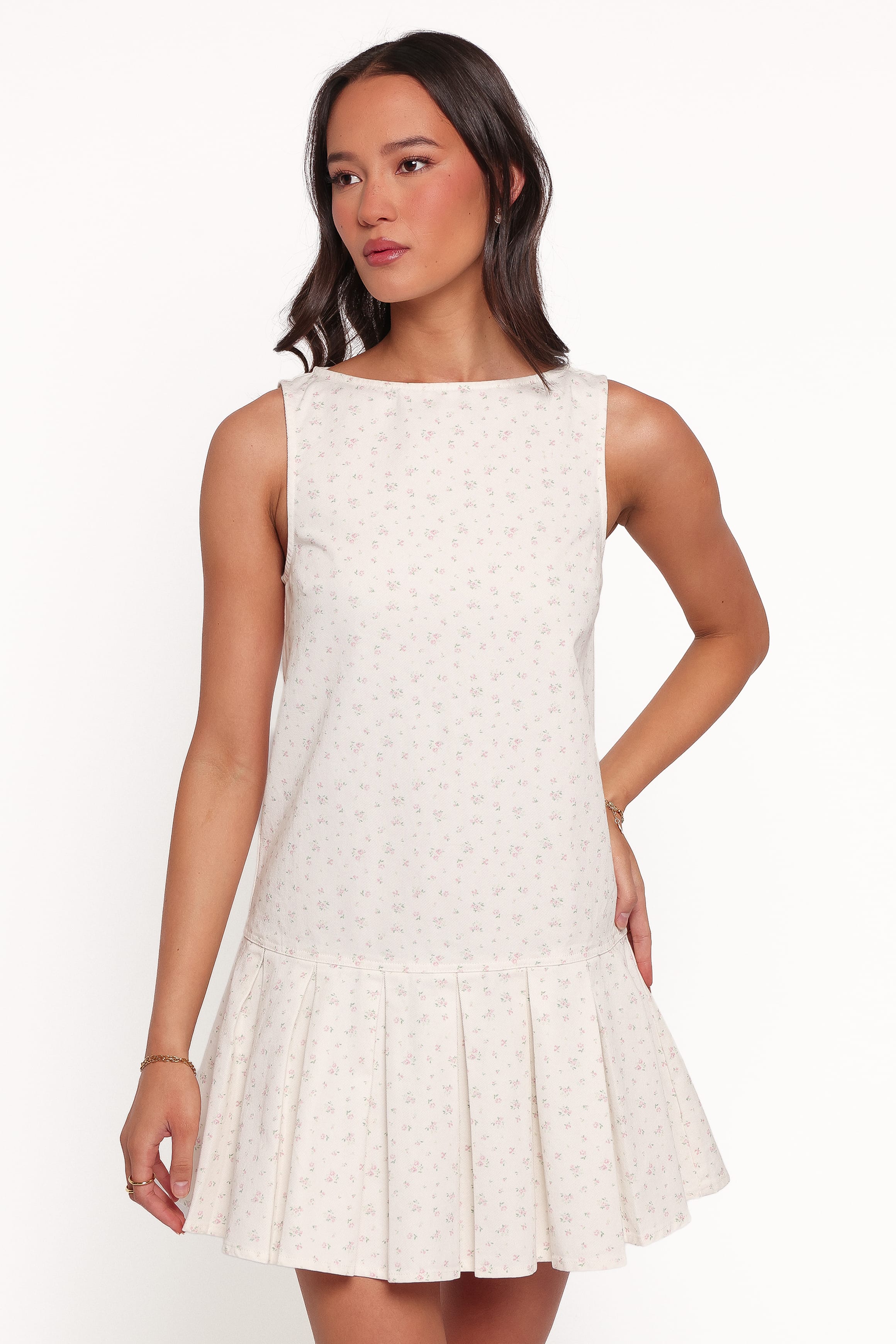 DRESSES Elarina Pleated Mini Dress - White Ditsy Floral