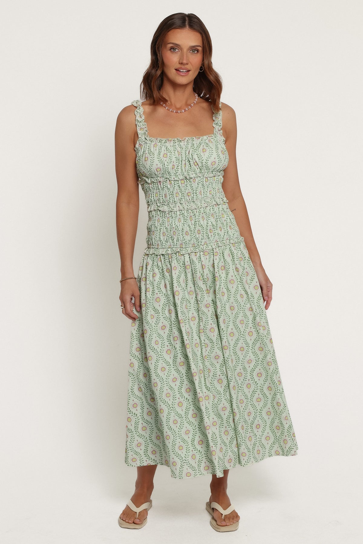DRESSES Enola Gather Midi Dress - Green Pink Geo
