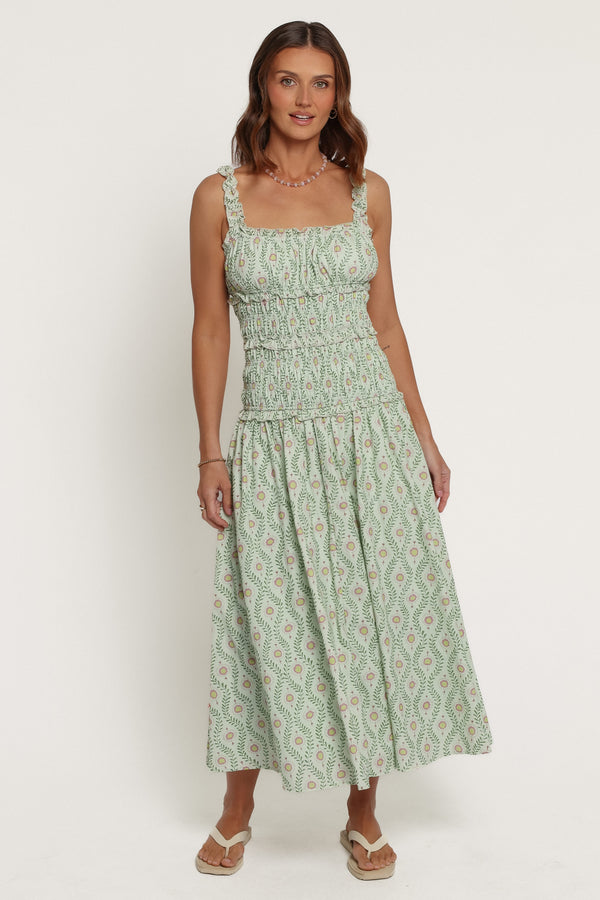 DRESSES Enola Gather Midi Dress - Green Pink Geo