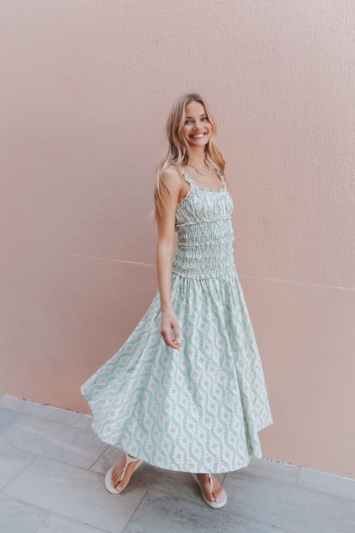 DRESSES Enola Gather Midi Dress - Green Pink Geo