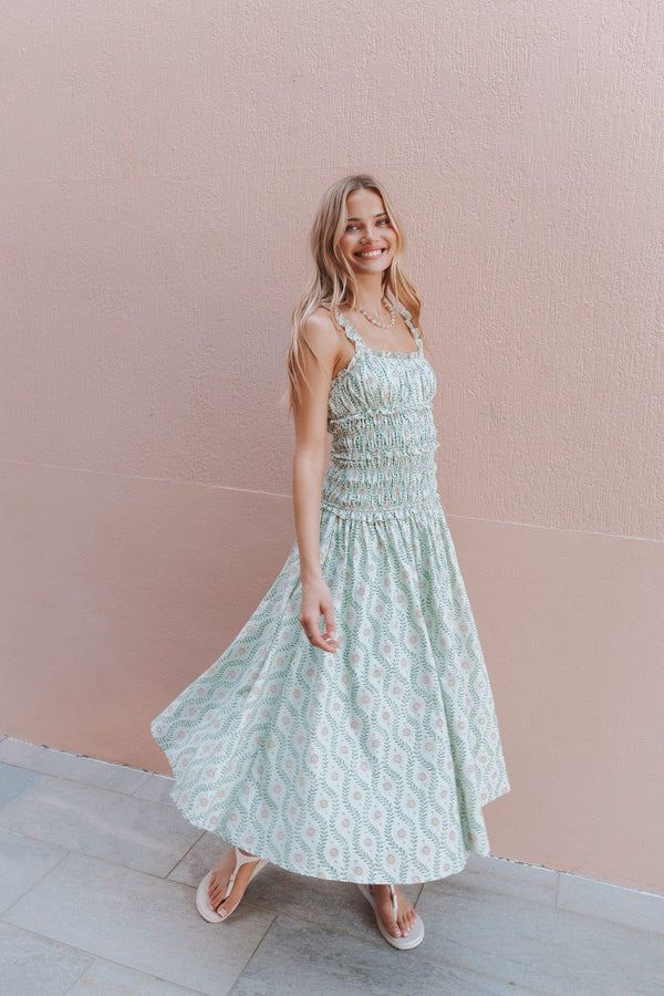 DRESSES Enola Gather Midi Dress - Green Pink Geo