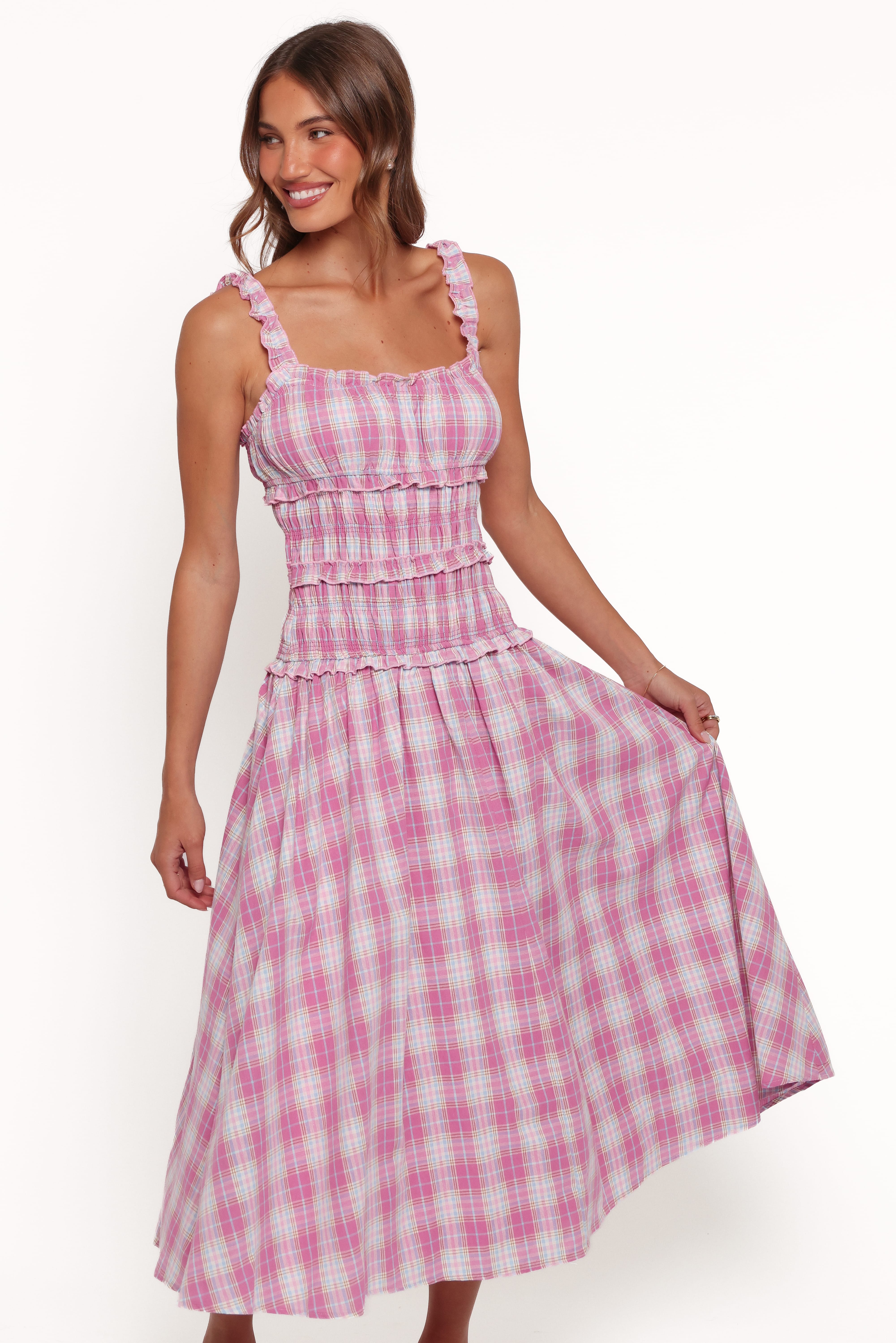 DRESSES Enola Gather Midi Dress - Pink Plaid