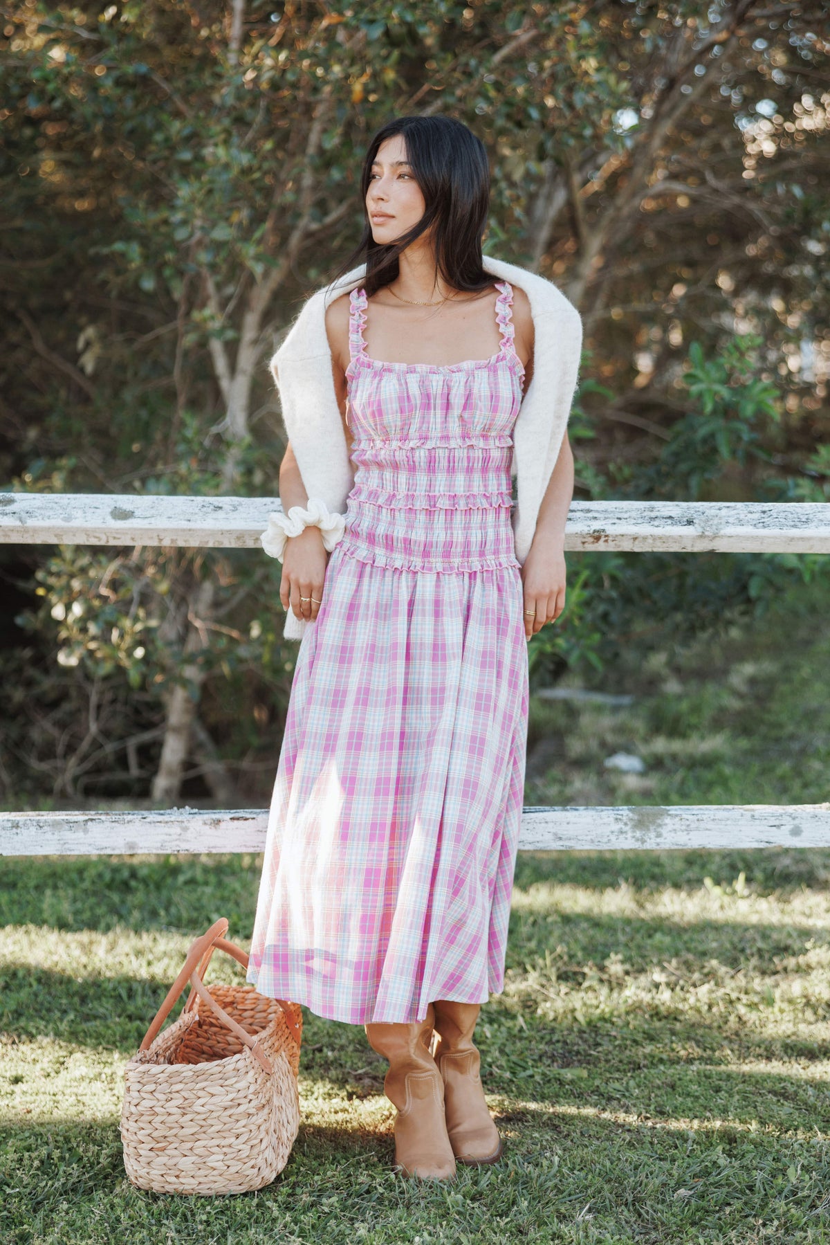DRESSES Enola Gather Midi Dress - Pink Plaid