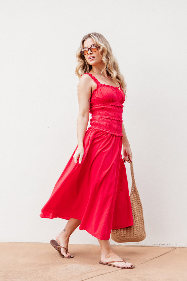 DRESSES Enola Gather Midi Dress - Red