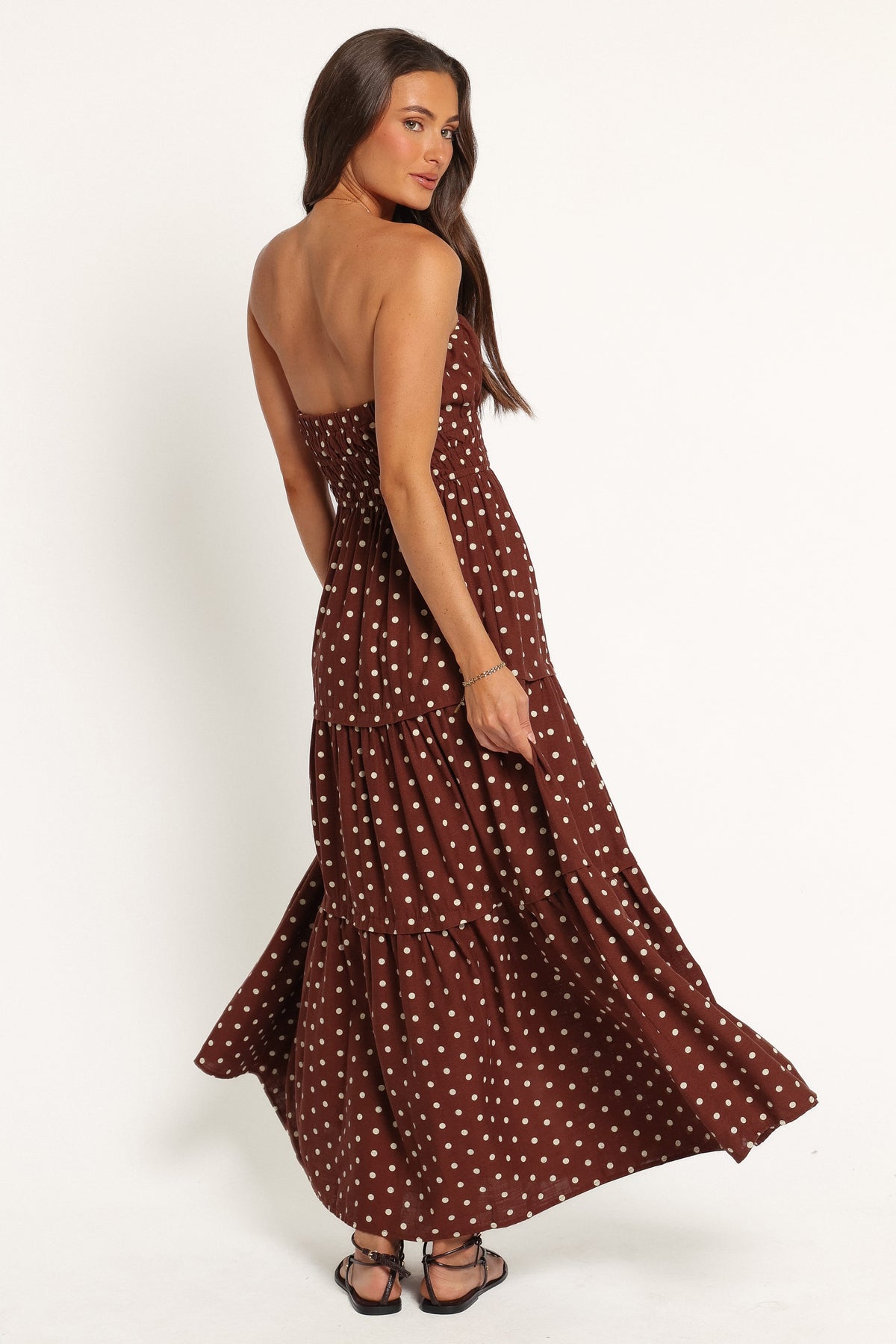 DRESSES Giavana Strapless Midi Dress - Brown Polka Dot