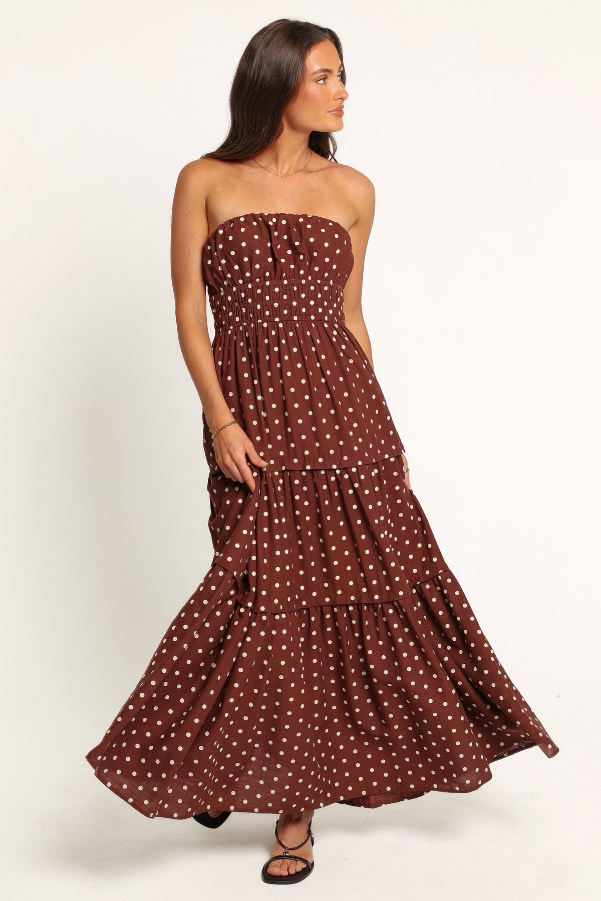 DRESSES Giavana Strapless Midi Dress - Brown Polka Dot