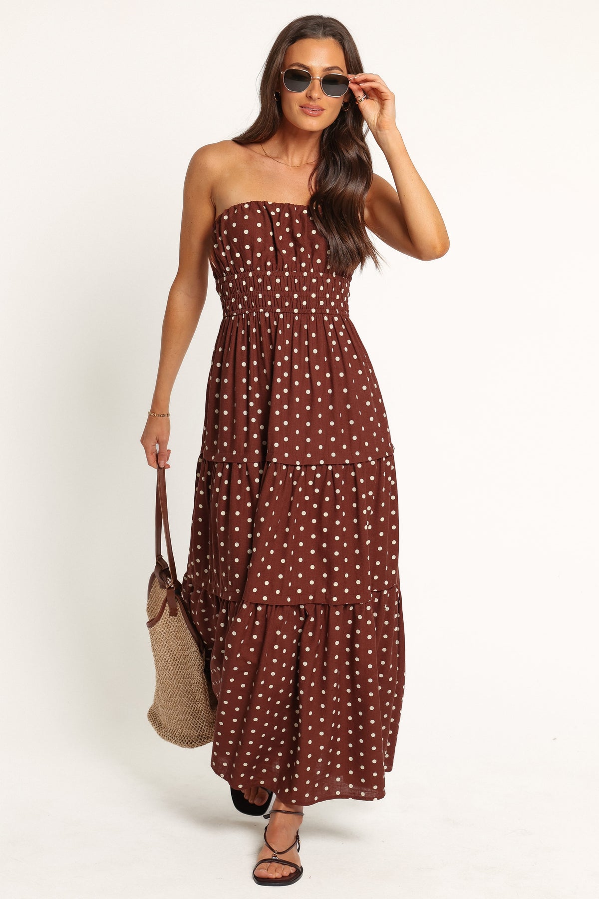 DRESSES Giavana Strapless Midi Dress - Brown Polka Dot