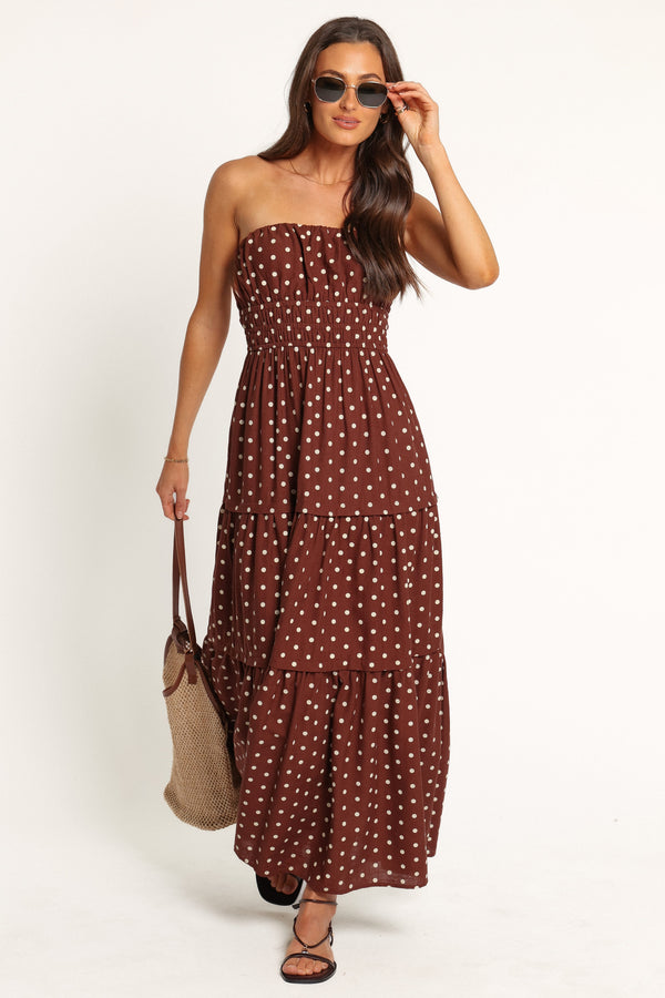 DRESSES Giavana Strapless Midi Dress - Brown Polka Dot