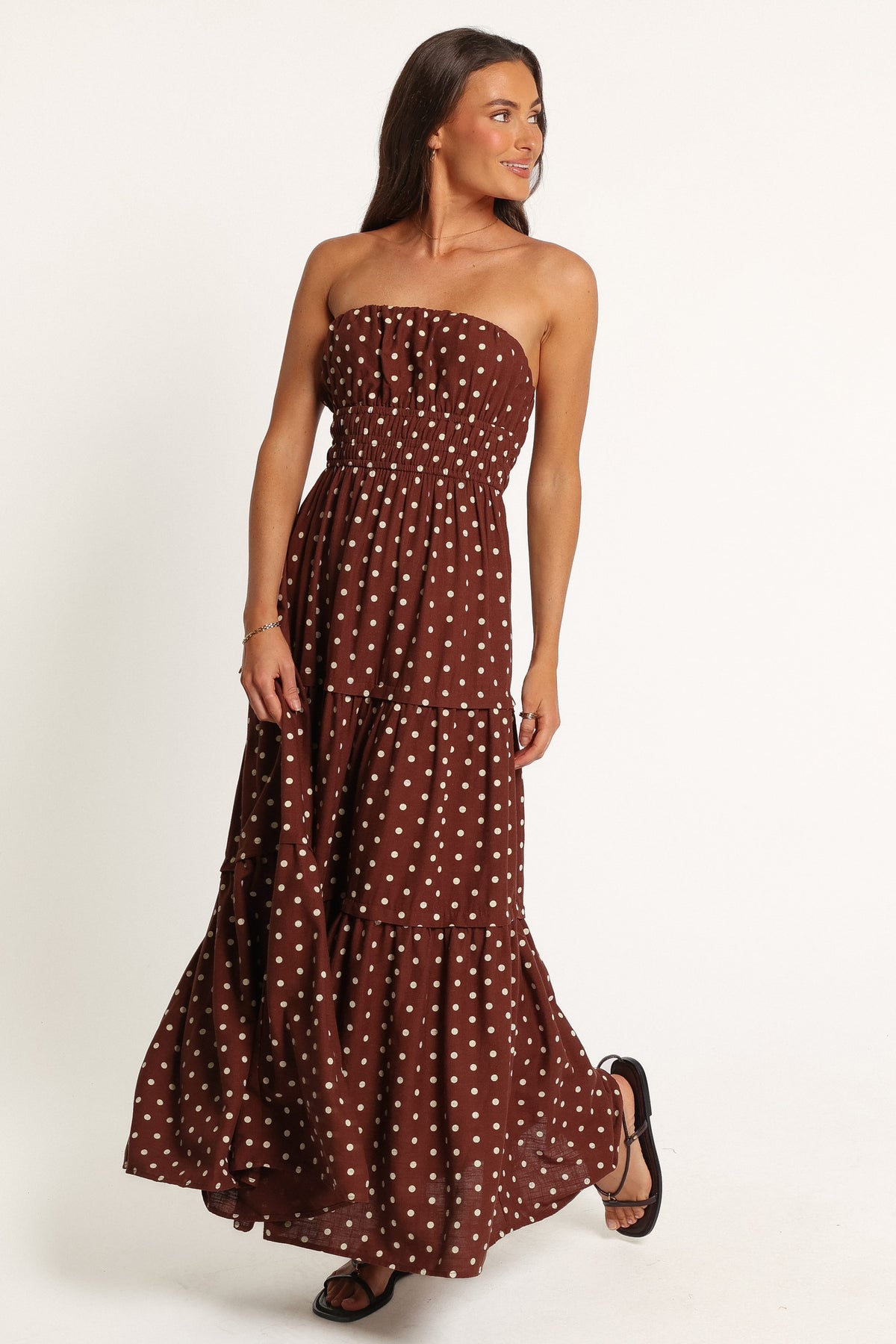 DRESSES Giavana Strapless Midi Dress - Brown Polka Dot