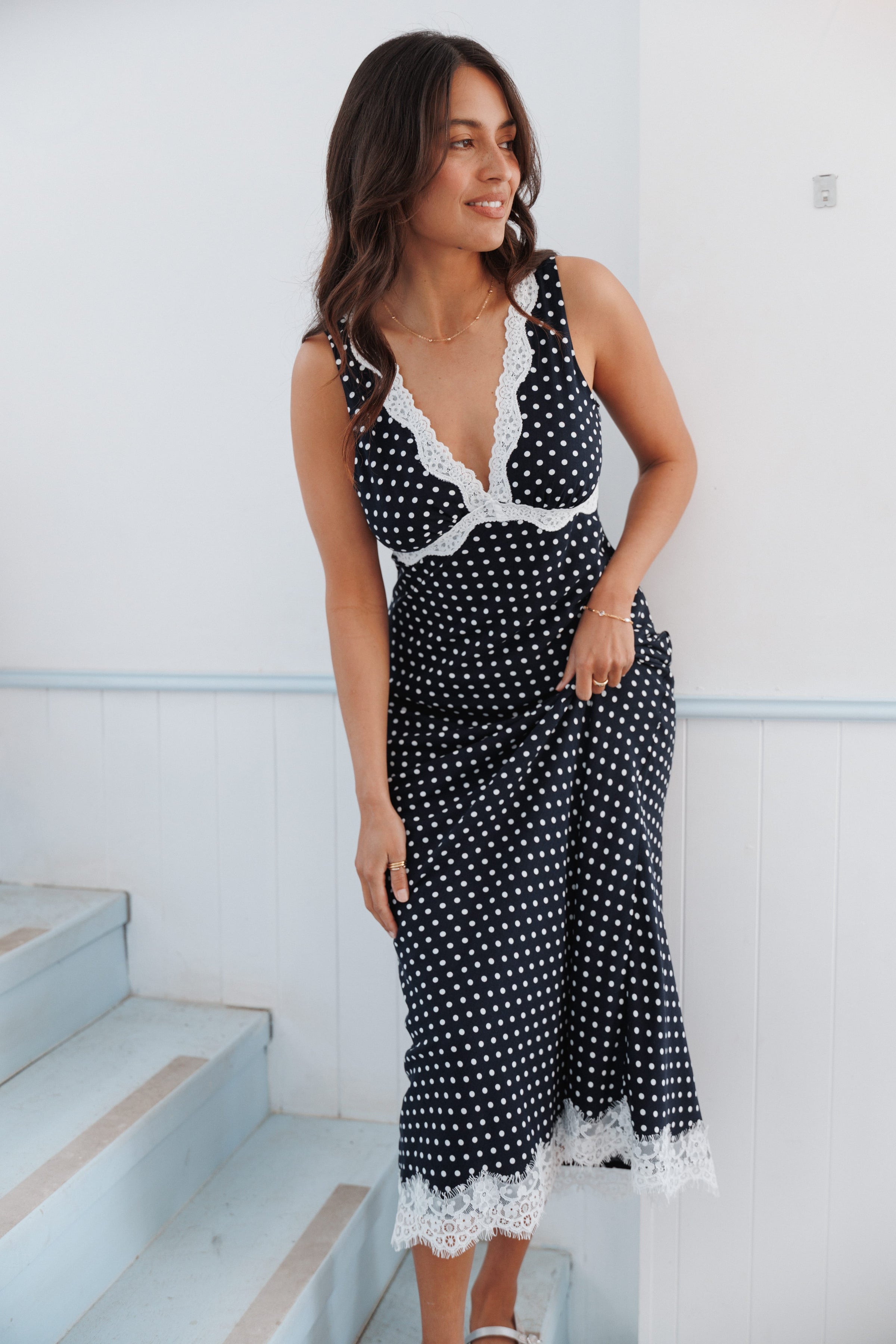 DRESSES Jeanette Midi Dress - Navy/White Polka Dot