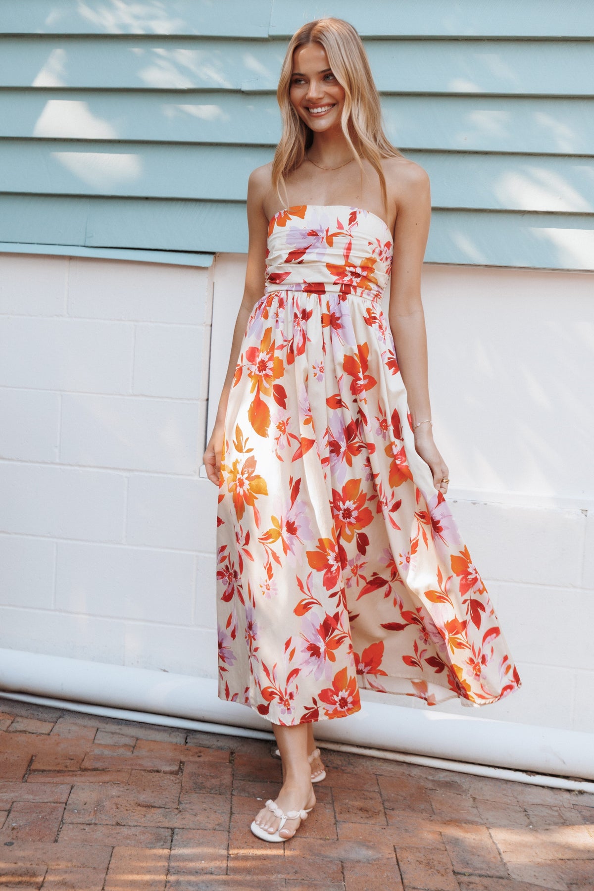 DRESSES Kayt Strapless Dress - Orange Pink Floral
