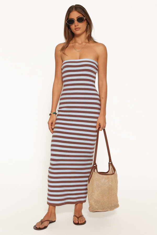 DRESSES Latoya Strapless Midi Dress - Blue Mocha Stripe