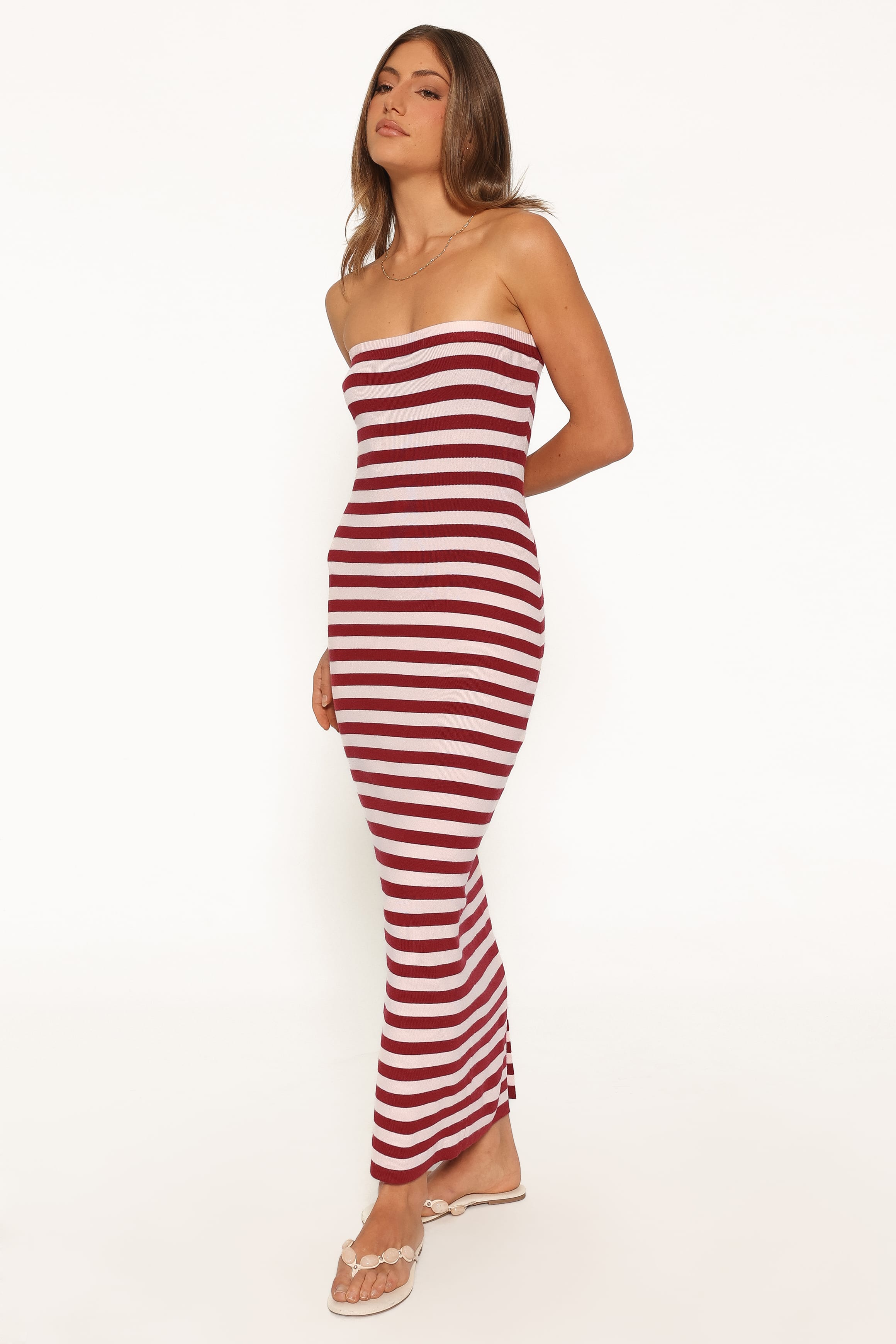 DRESSES Latoya Strapless Midi Dress - Pink Burgundy Stripe