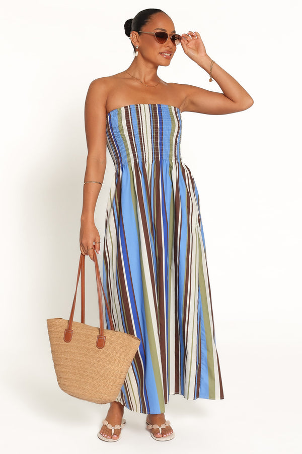 DRESSES Nella Strapless Maxi Dress - Blue/Khaki Stripe