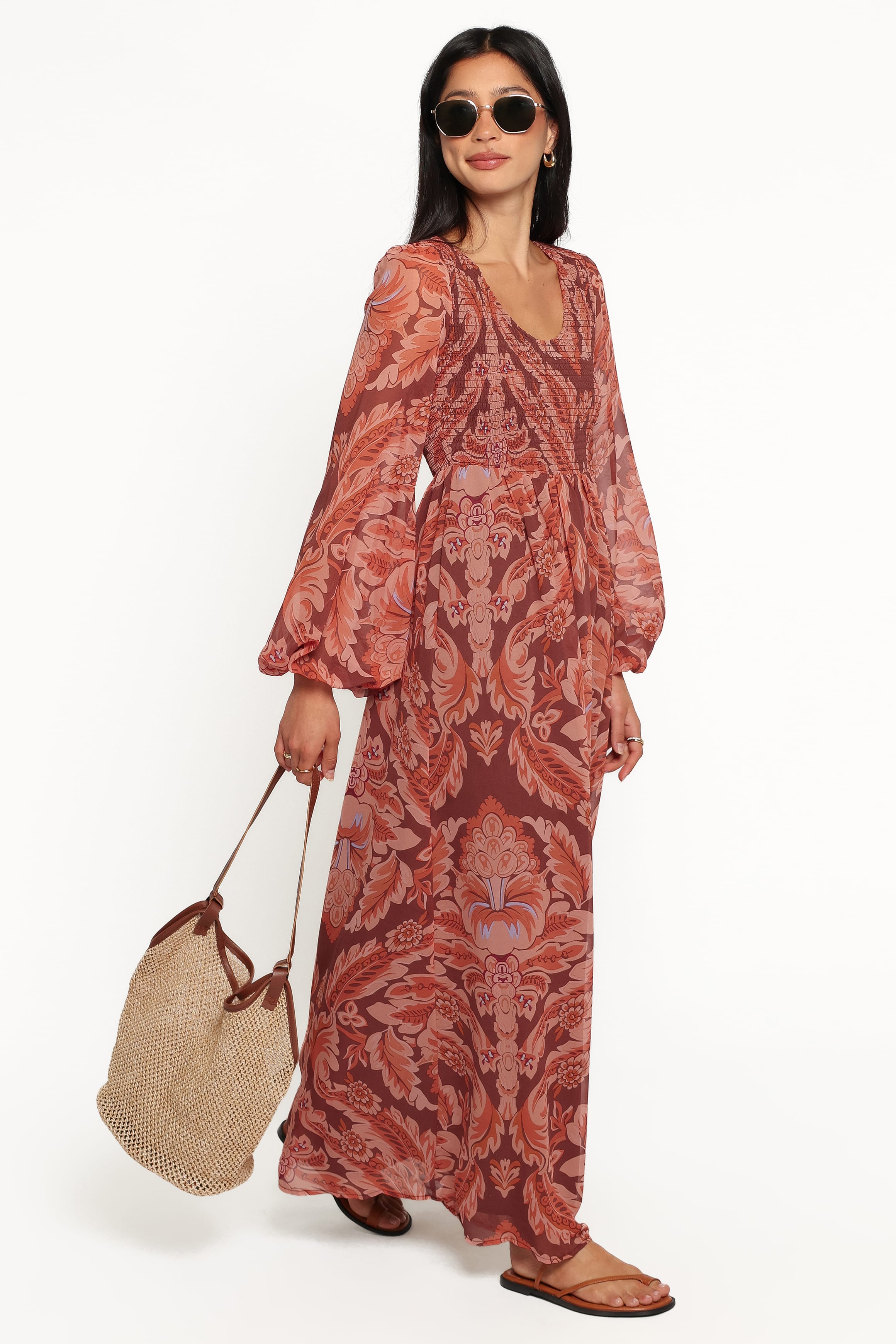 DRESSES Nicholi Long Sleeve Maxi Dress - Brown Paisley