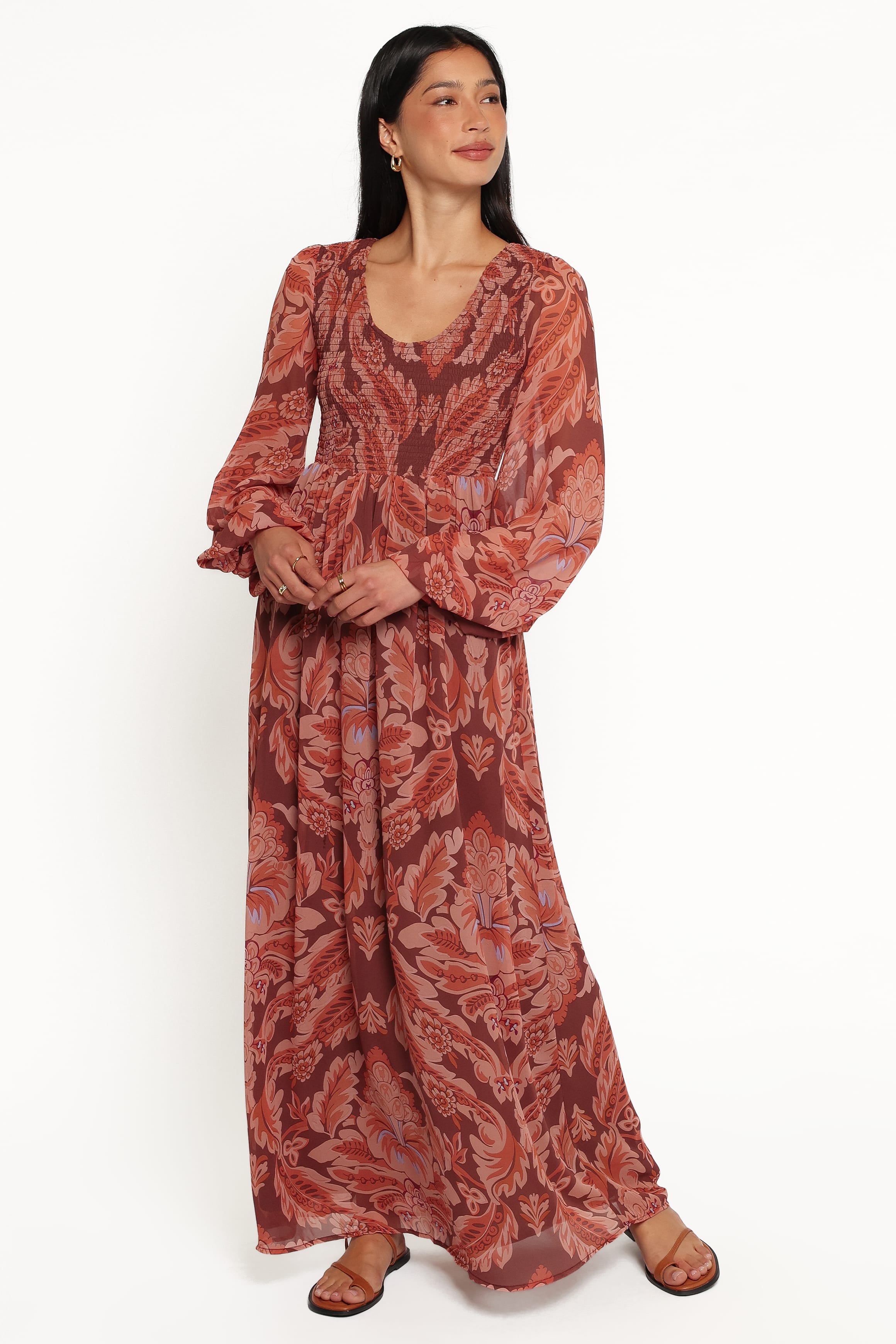 DRESSES Nicholi Long Sleeve Maxi Dress - Brown Paisley