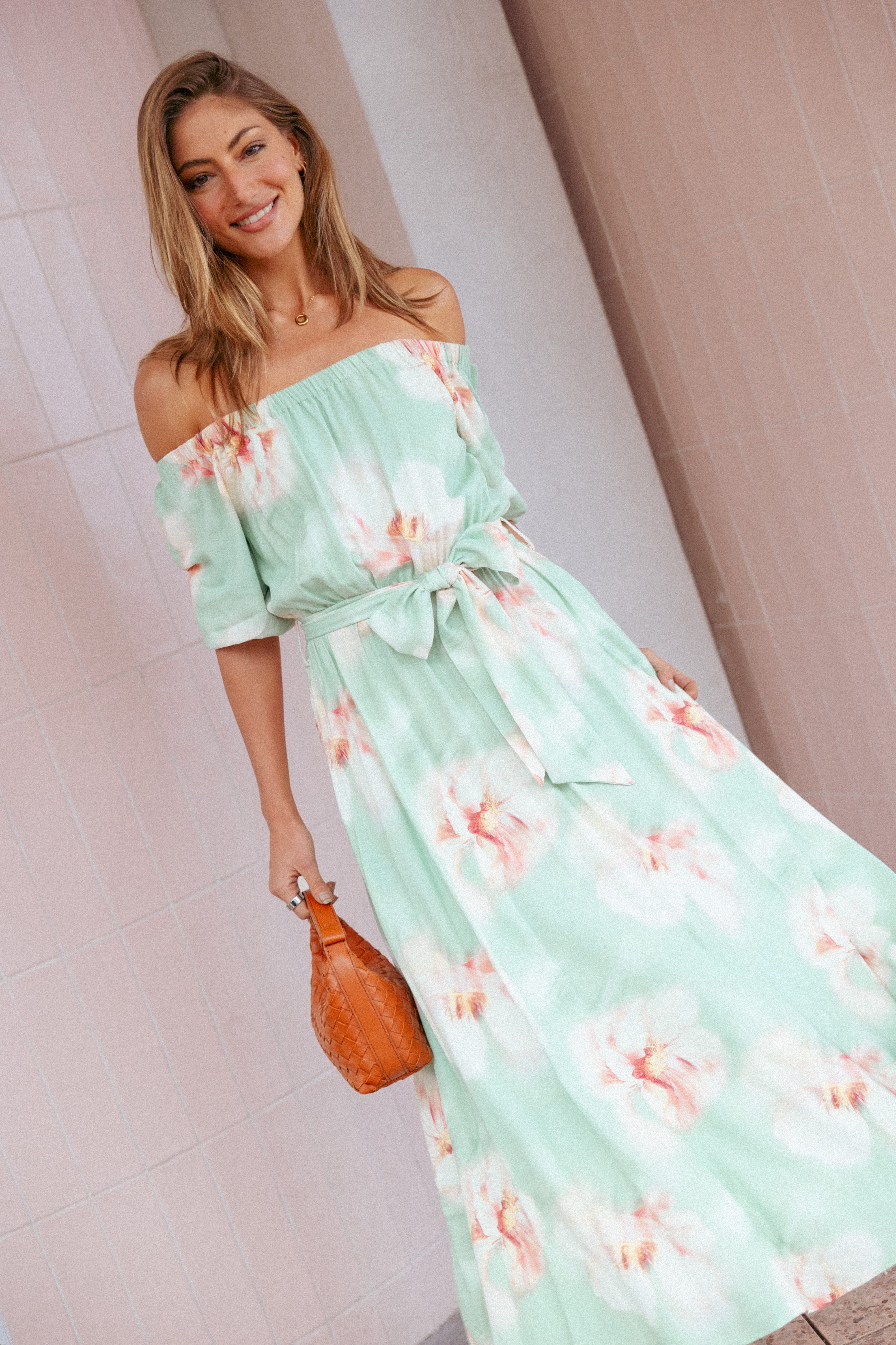 DRESSES Nori Off Shoulder Maxi Dress - Jade Green Blurred Floral