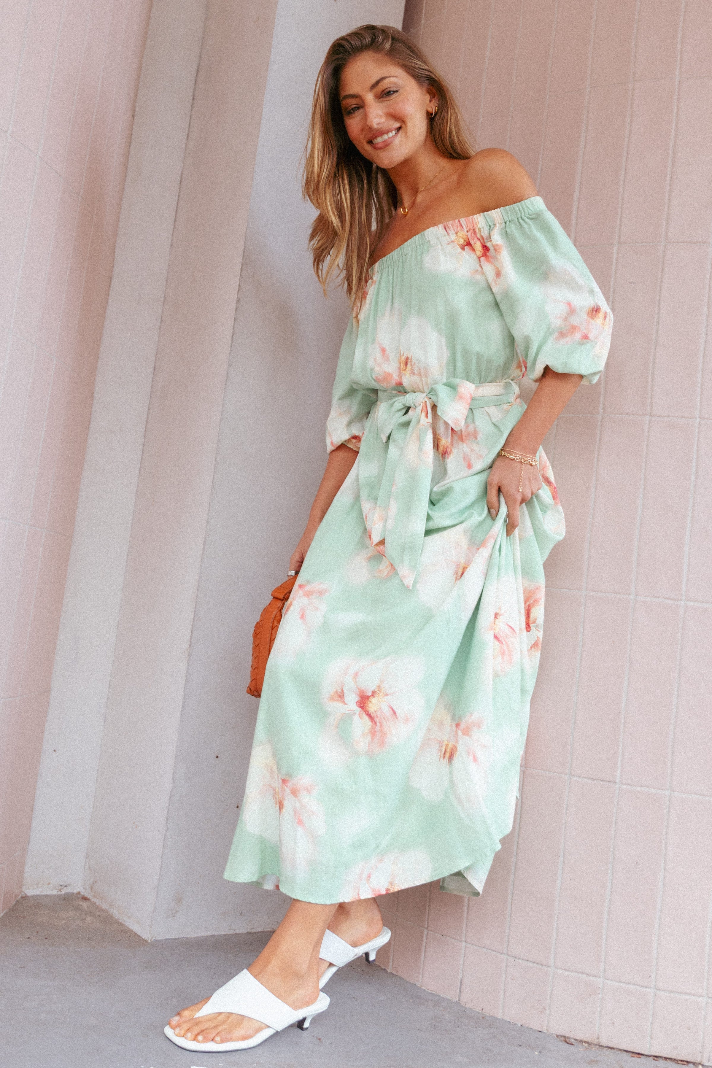 DRESSES Nori Off Shoulder Maxi Dress - Jade Green Blurred Floral
