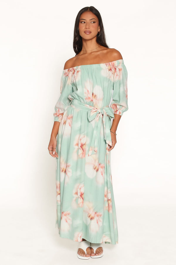 DRESSES Nori Off Shoulder Maxi Dress - Jade Green Blurred Floral
