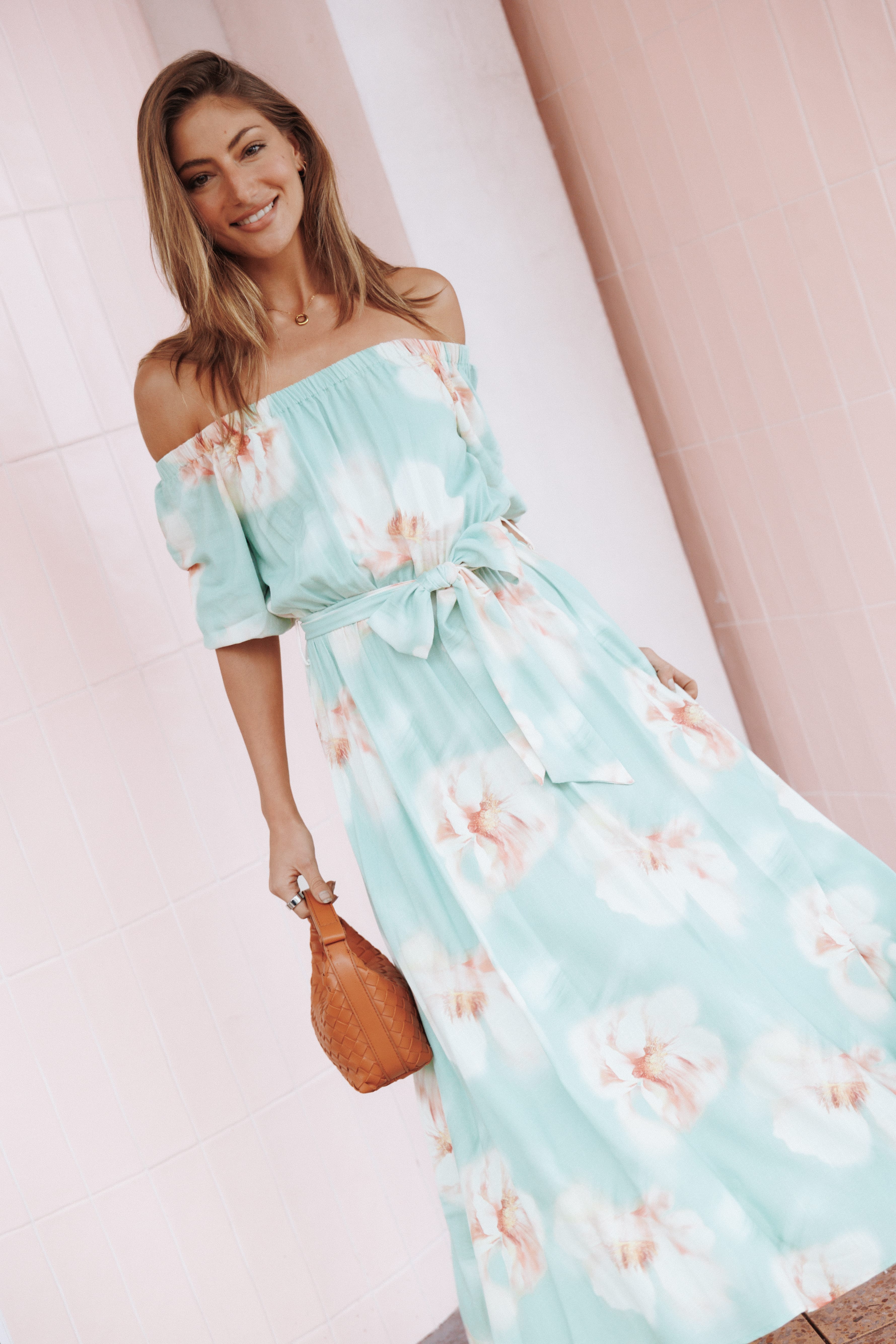 DRESSES Nori Off Shoulder Maxi Dress - Jade Green Blurred Floral