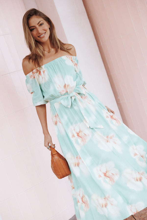 DRESSES Nori Off Shoulder Maxi Dress - Jade Green Blurred Floral