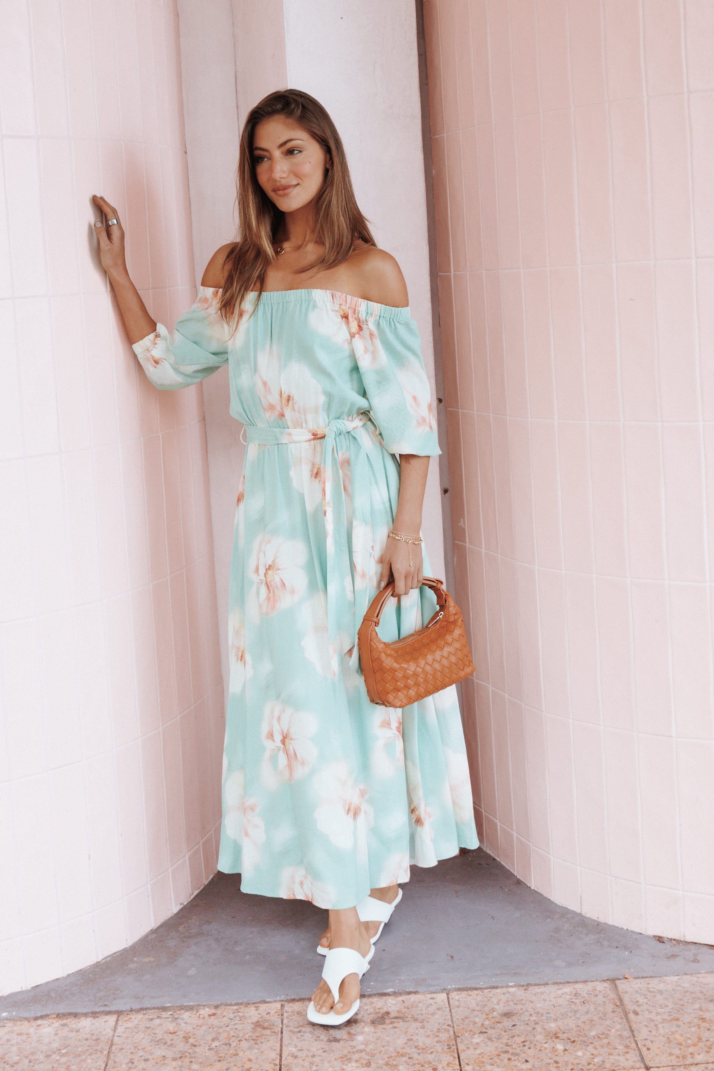 DRESSES Nori Off Shoulder Maxi Dress - Jade Green Blurred Floral