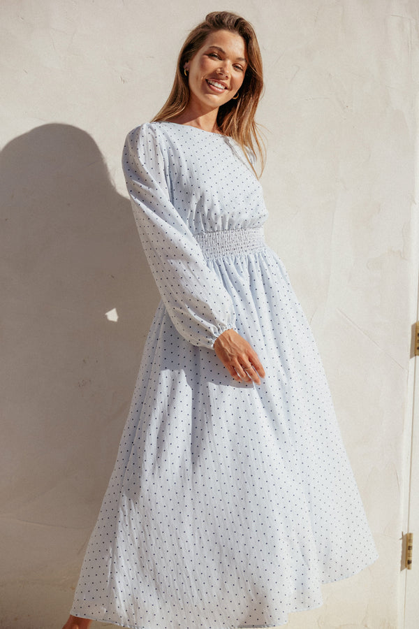 DRESSES Roman Long Sleeve Maxi Dress - Blue Polka Dot