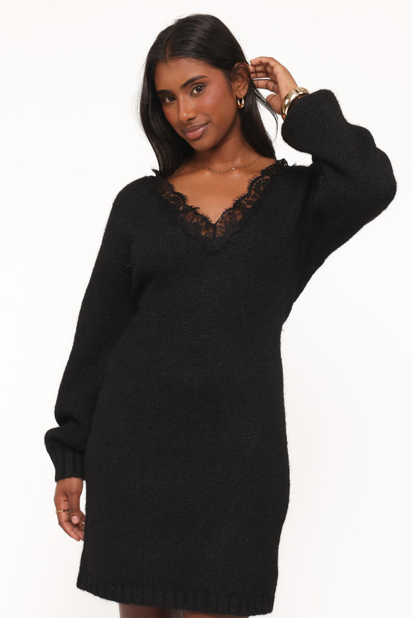 DRESSES Sharona Lace Trim Knit Mini Dress - Black