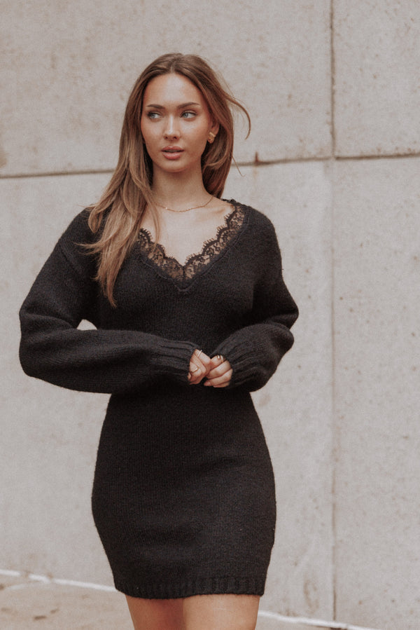 DRESSES Sharona Lace Trim Knit Mini Dress - Black